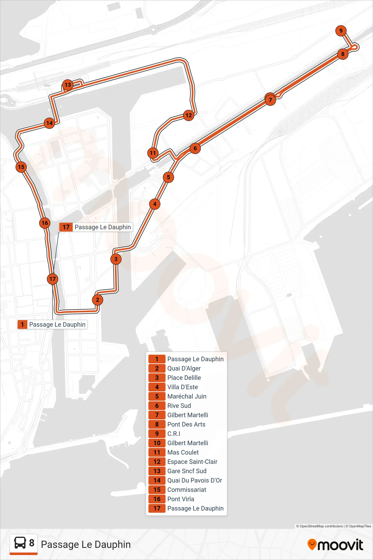 Tracé et arrêts de la ligne 8 de bus (Passage Le Dauphin) sur une carte