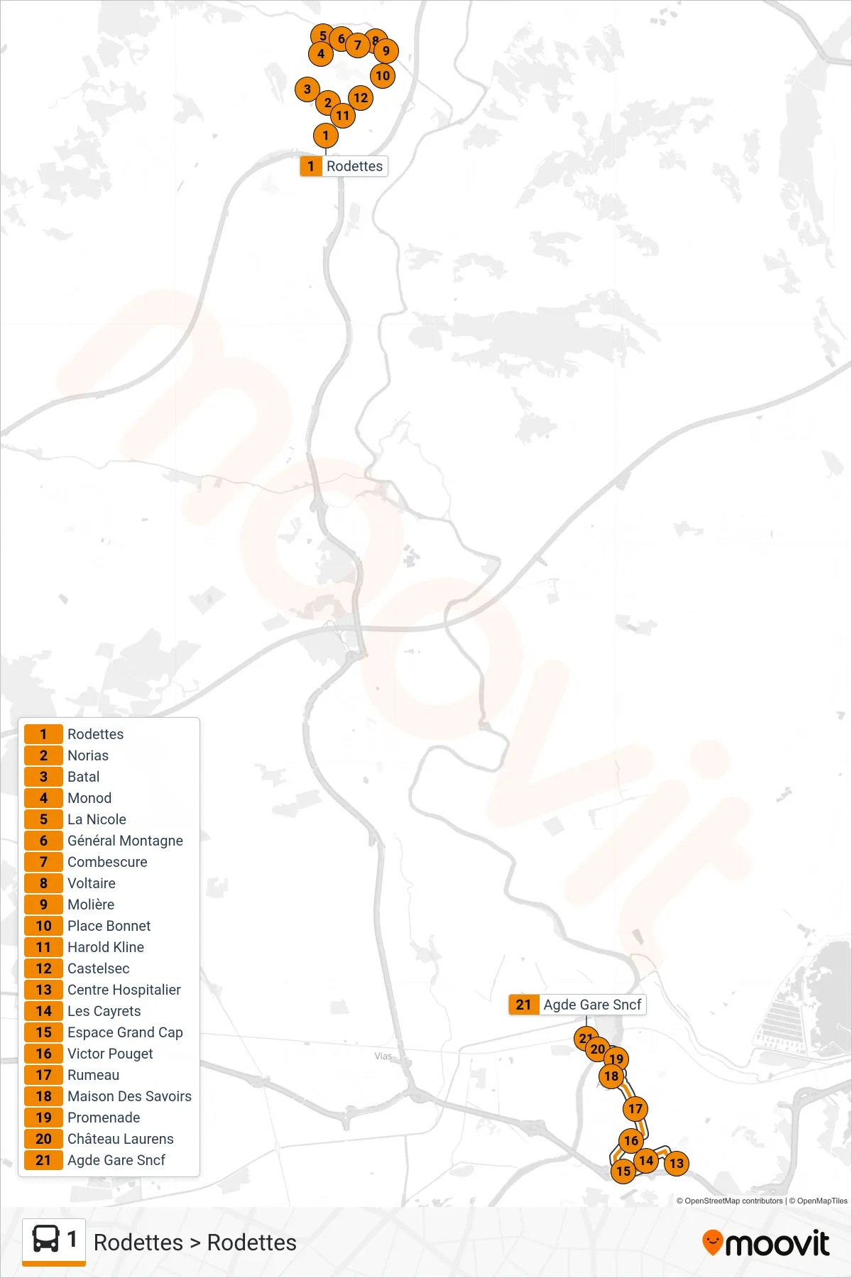 Tracé et arrêts de la ligne 1 de bus (Rodettes > Rodettes) sur une carte