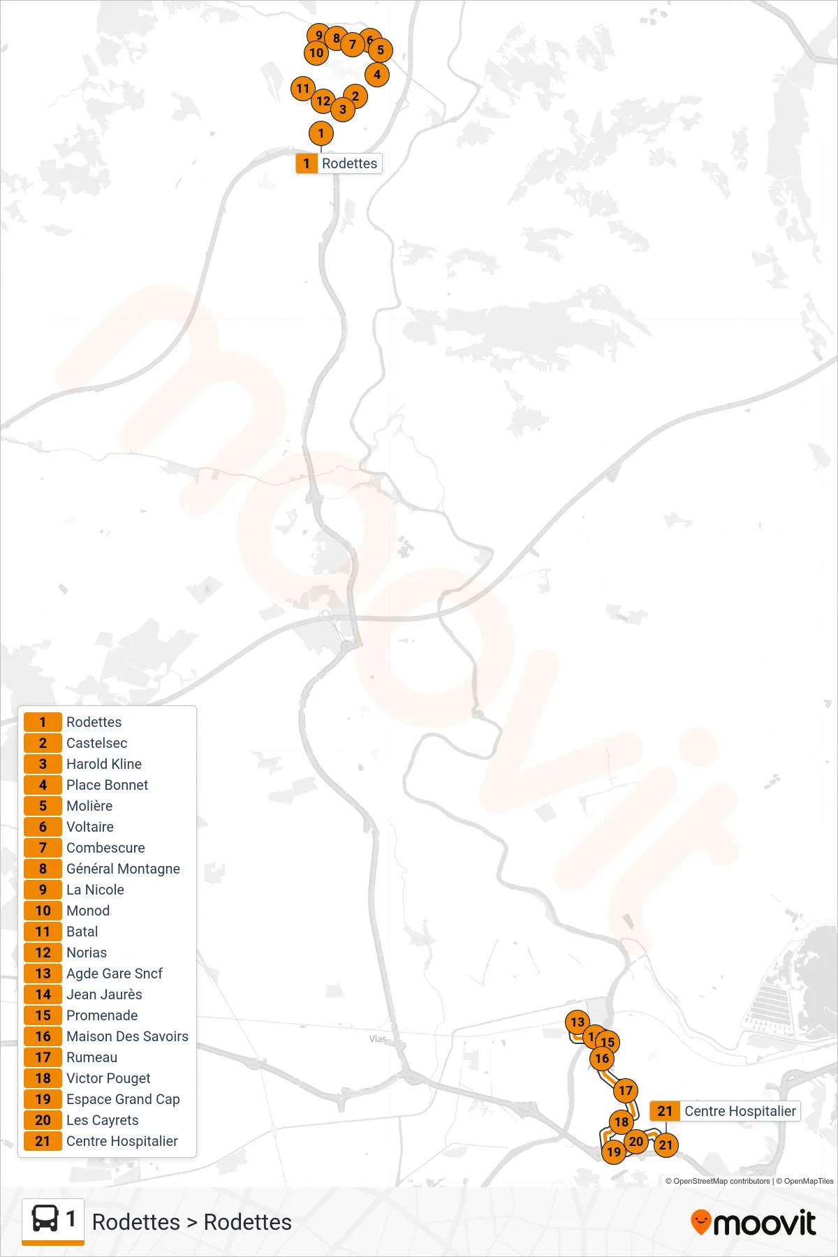 1 bus Line (Rodettes > Rodettes) route and stops on a map