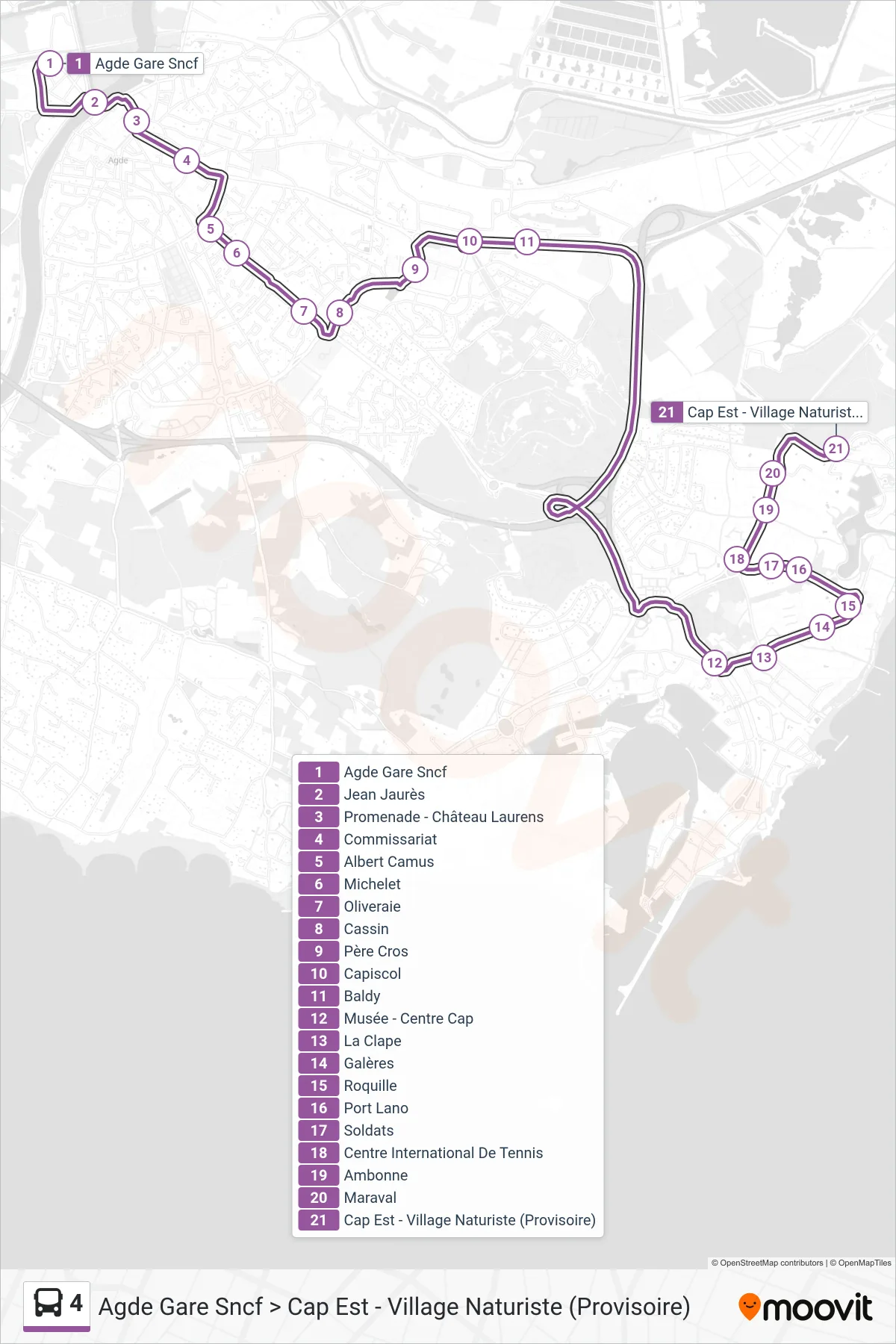 Tracé et arrêts de la ligne 4 de bus (Agde Gare Sncf > Cap Est - Village Naturiste (Provisoire)) sur une carte