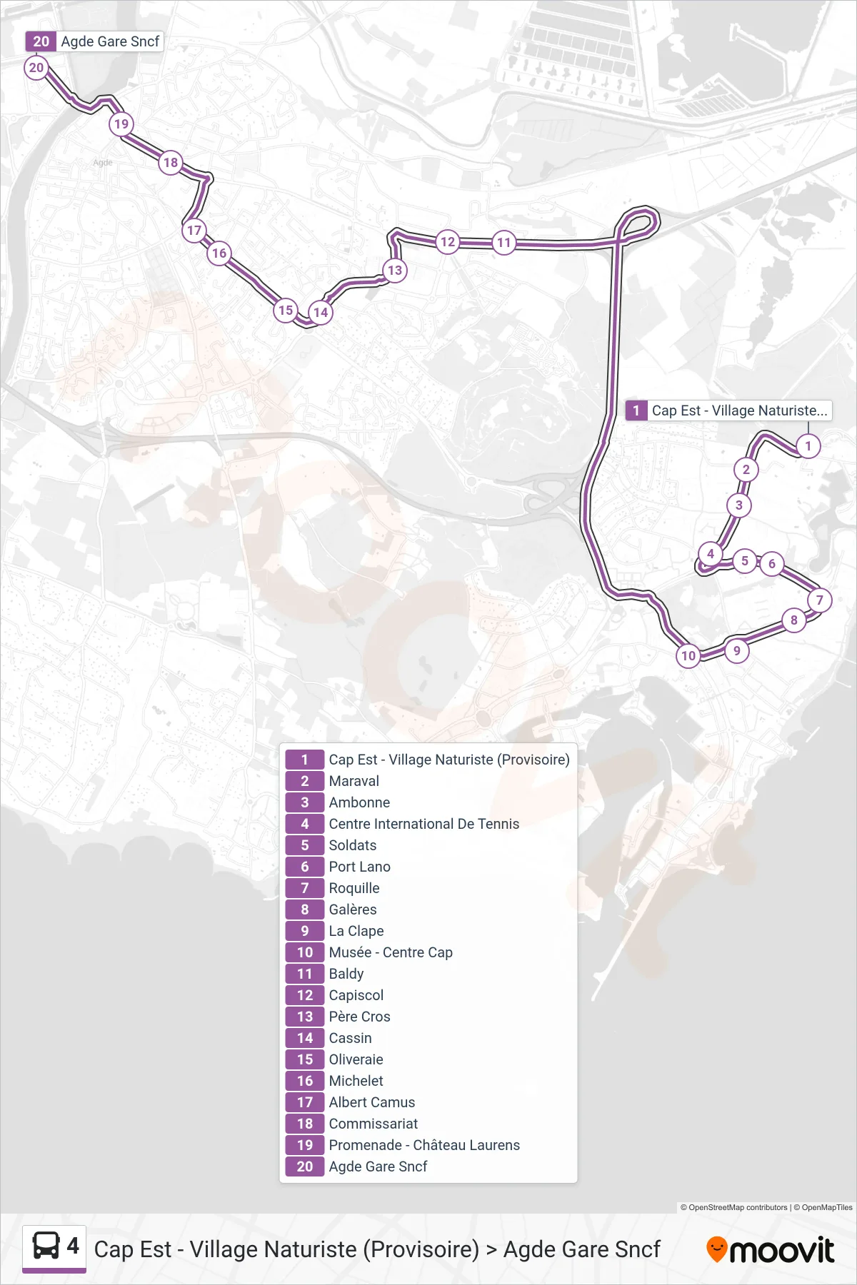 4 bus Line (Cap Est - Village Naturiste (Provisoire) > Agde Gare Sncf) route and stops on a map