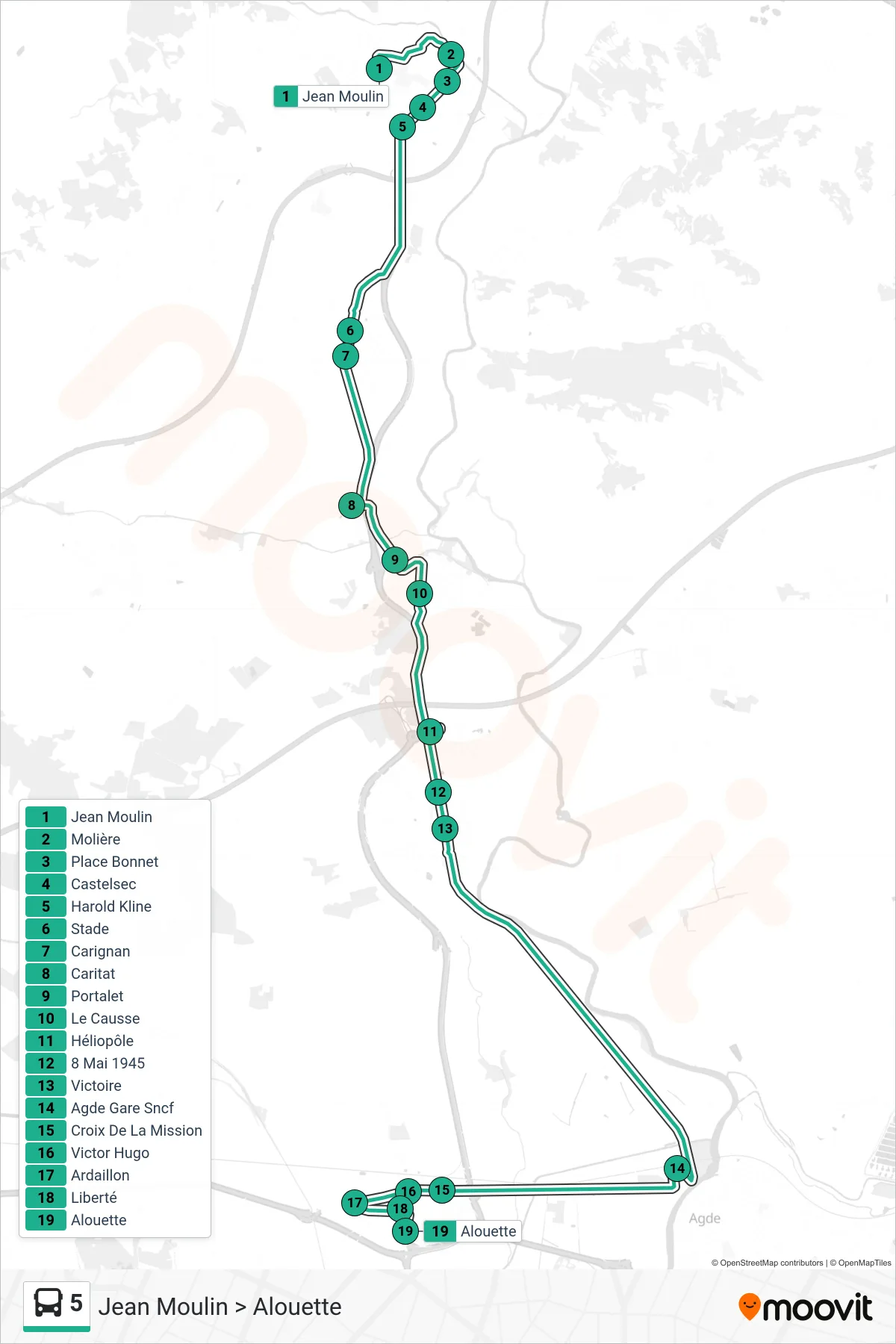 Tracé et arrêts de la ligne 5 de bus (Jean Moulin > Alouette) sur une carte