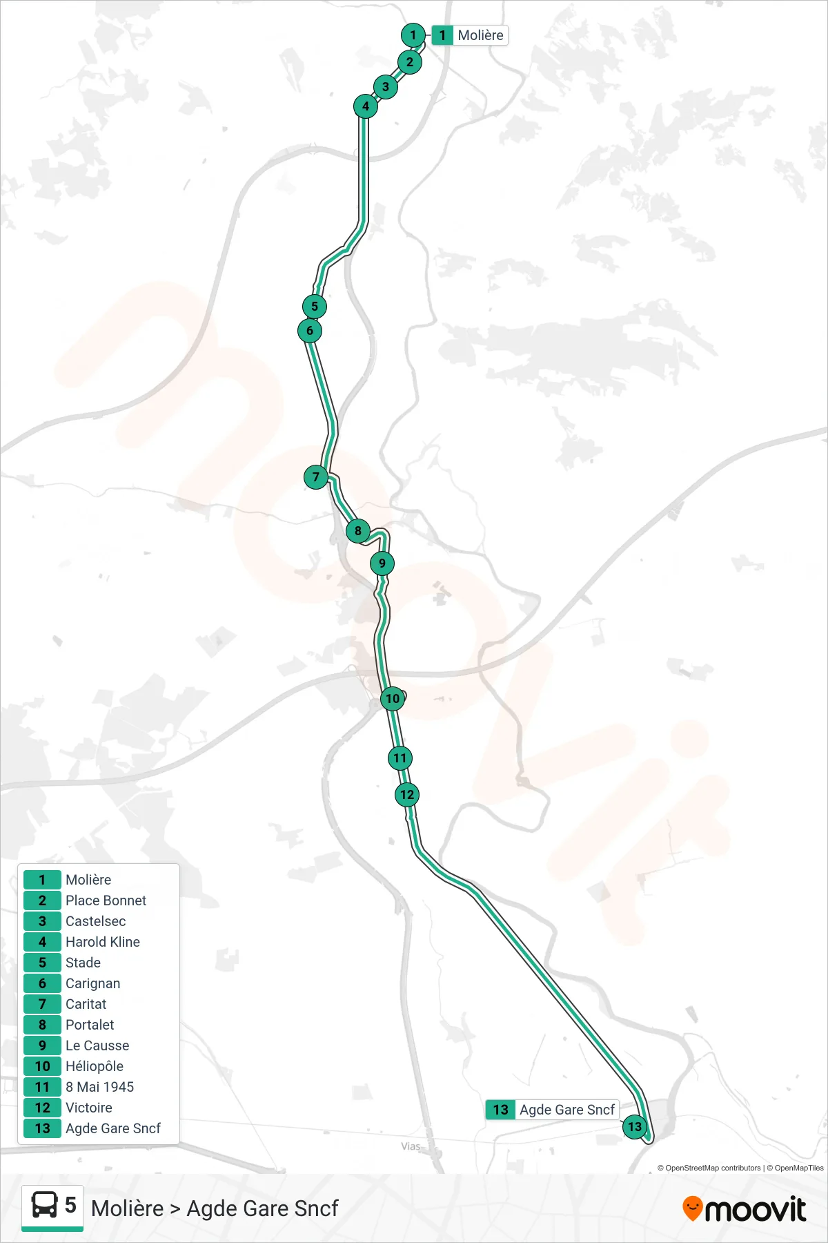 Tracé et arrêts de la ligne 5 de bus (Molière > Agde Gare Sncf) sur une carte