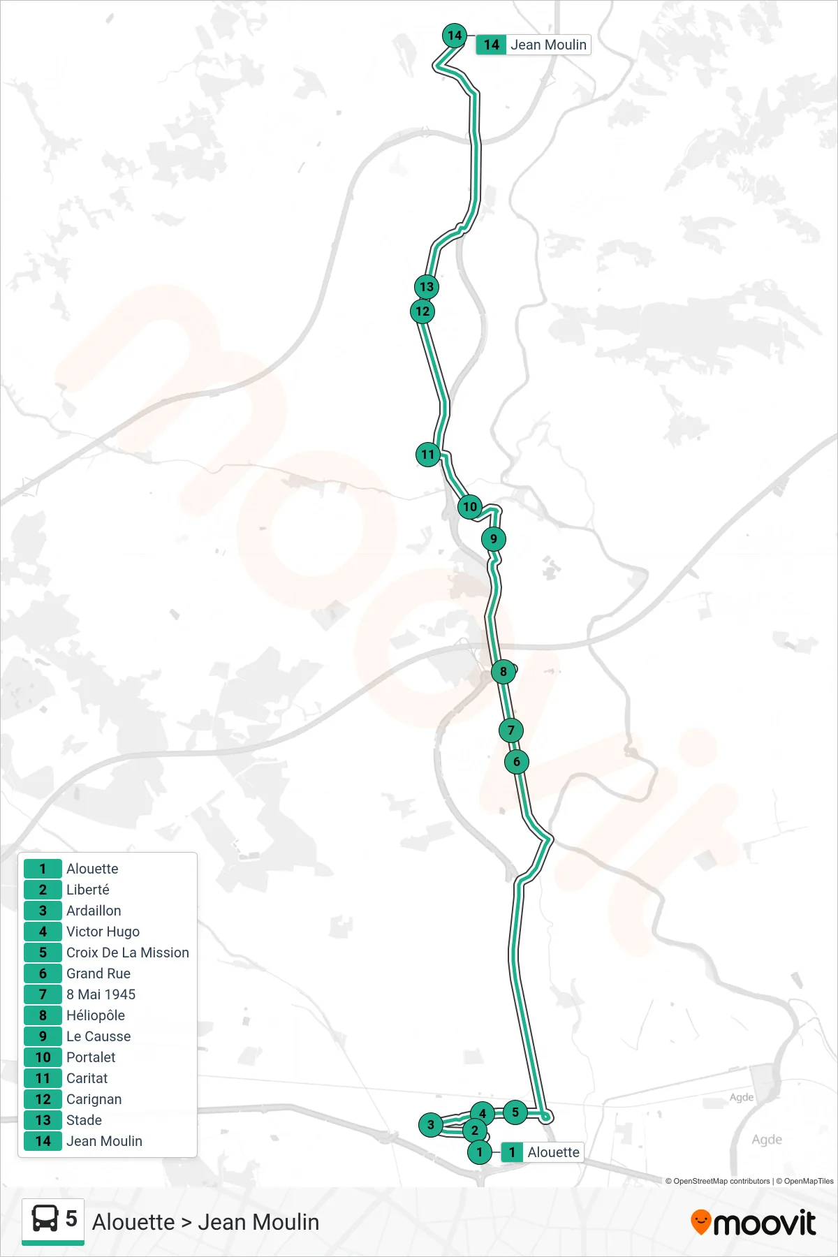 5 bus Line (Alouette > Jean Moulin) route and stops on a map