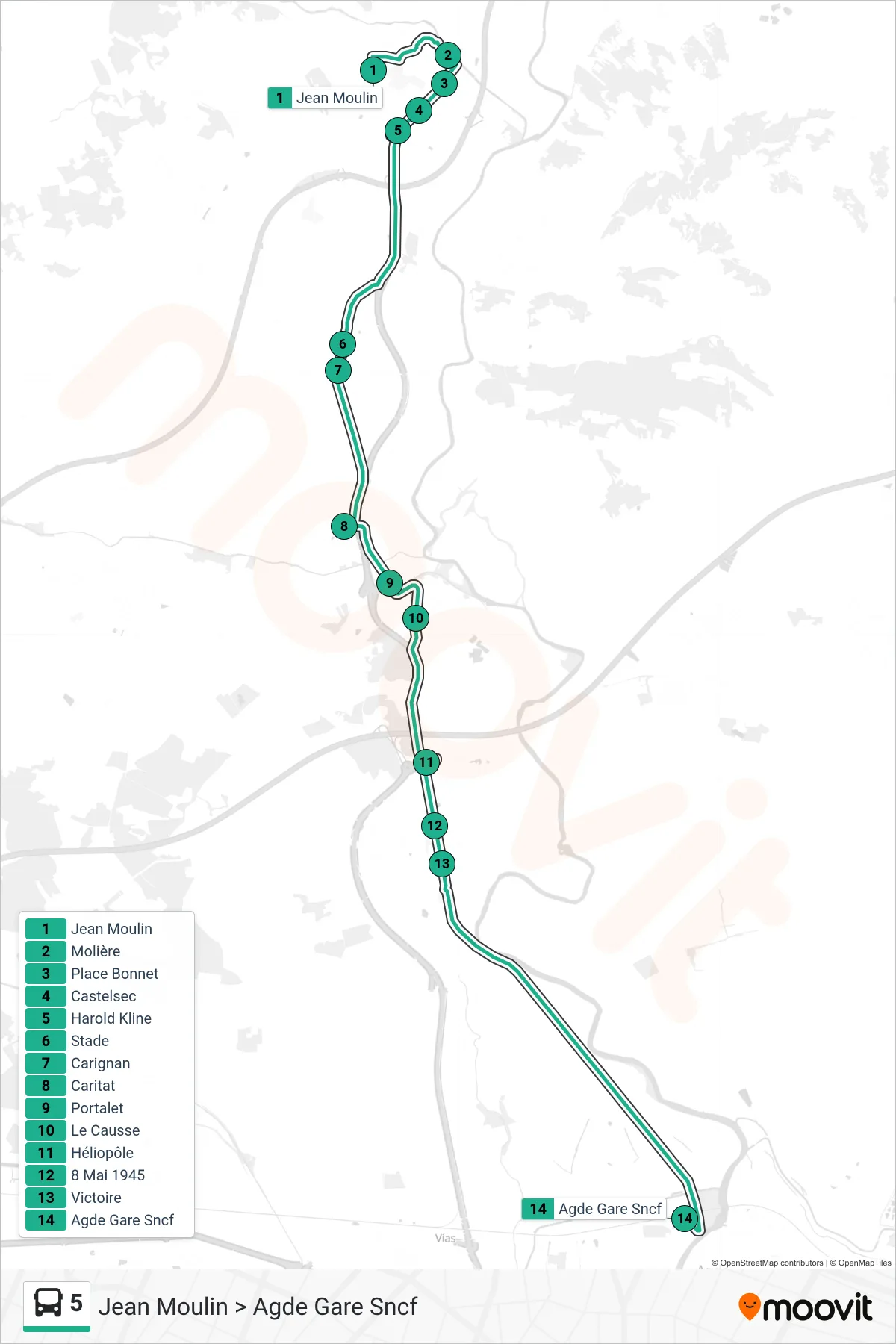 Tracé et arrêts de la ligne 5 de bus (Jean Moulin > Agde Gare Sncf) sur une carte
