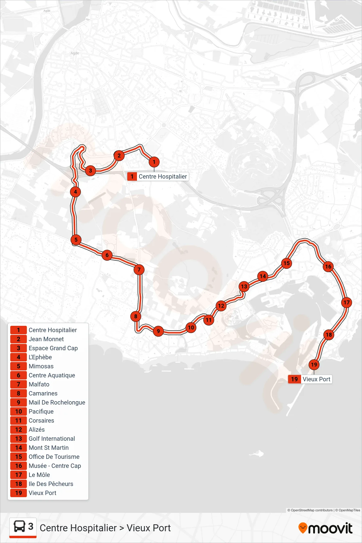 3 bus Line (Centre Hospitalier > Vieux Port) route and stops on a map
