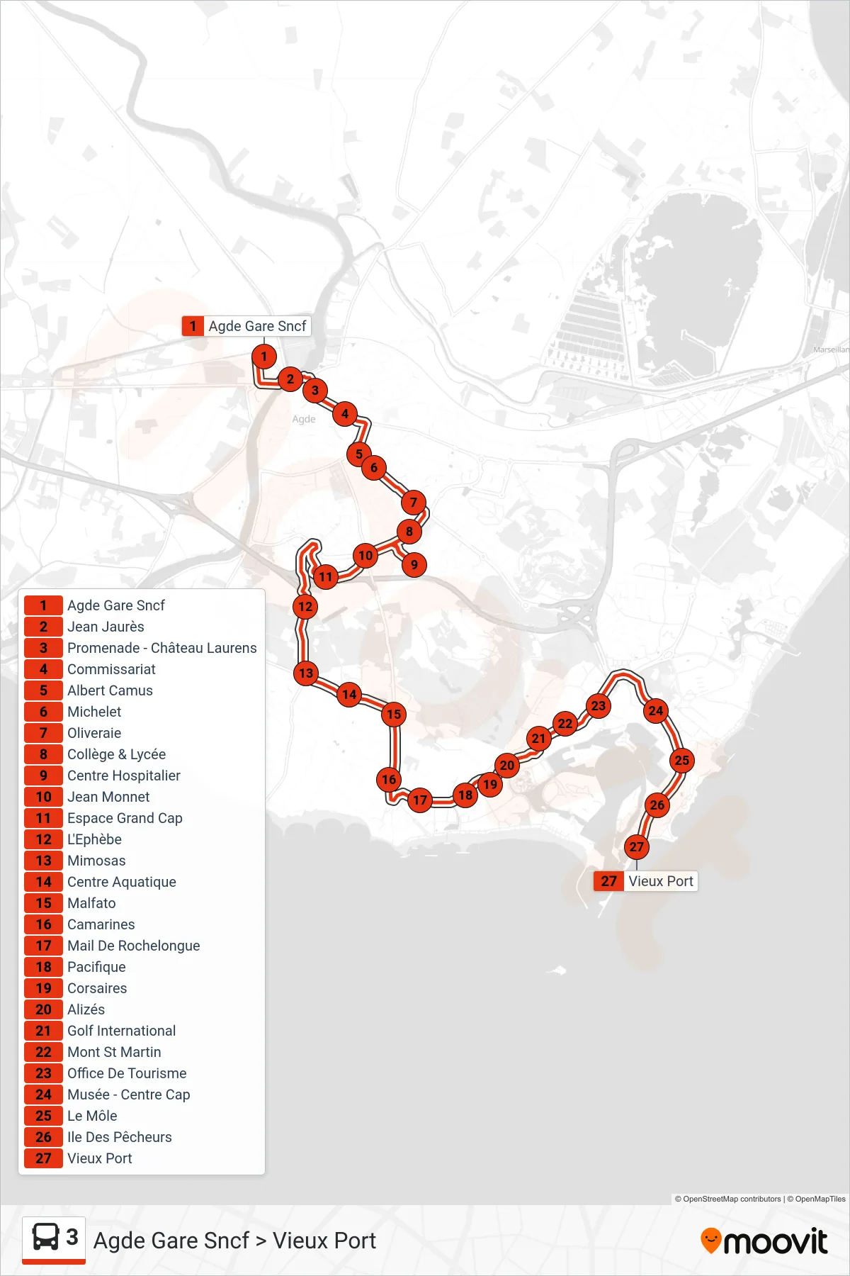 Tracé et arrêts de la ligne 3 de bus (Agde Gare Sncf > Vieux Port) sur une carte