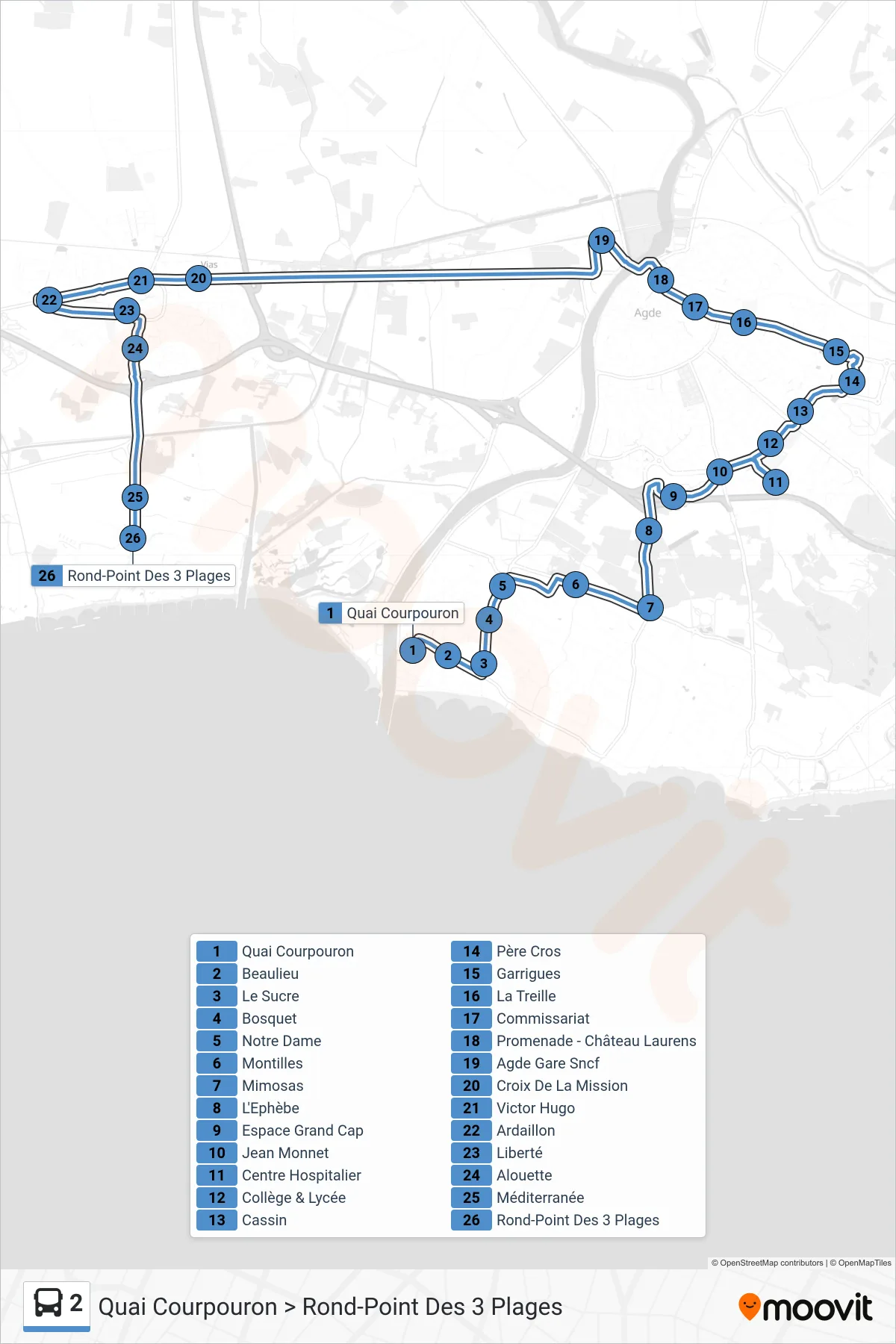 Tracé et arrêts de la ligne 2 de bus (Quai Courpouron > Rond-Point Des 3 Plages) sur une carte
