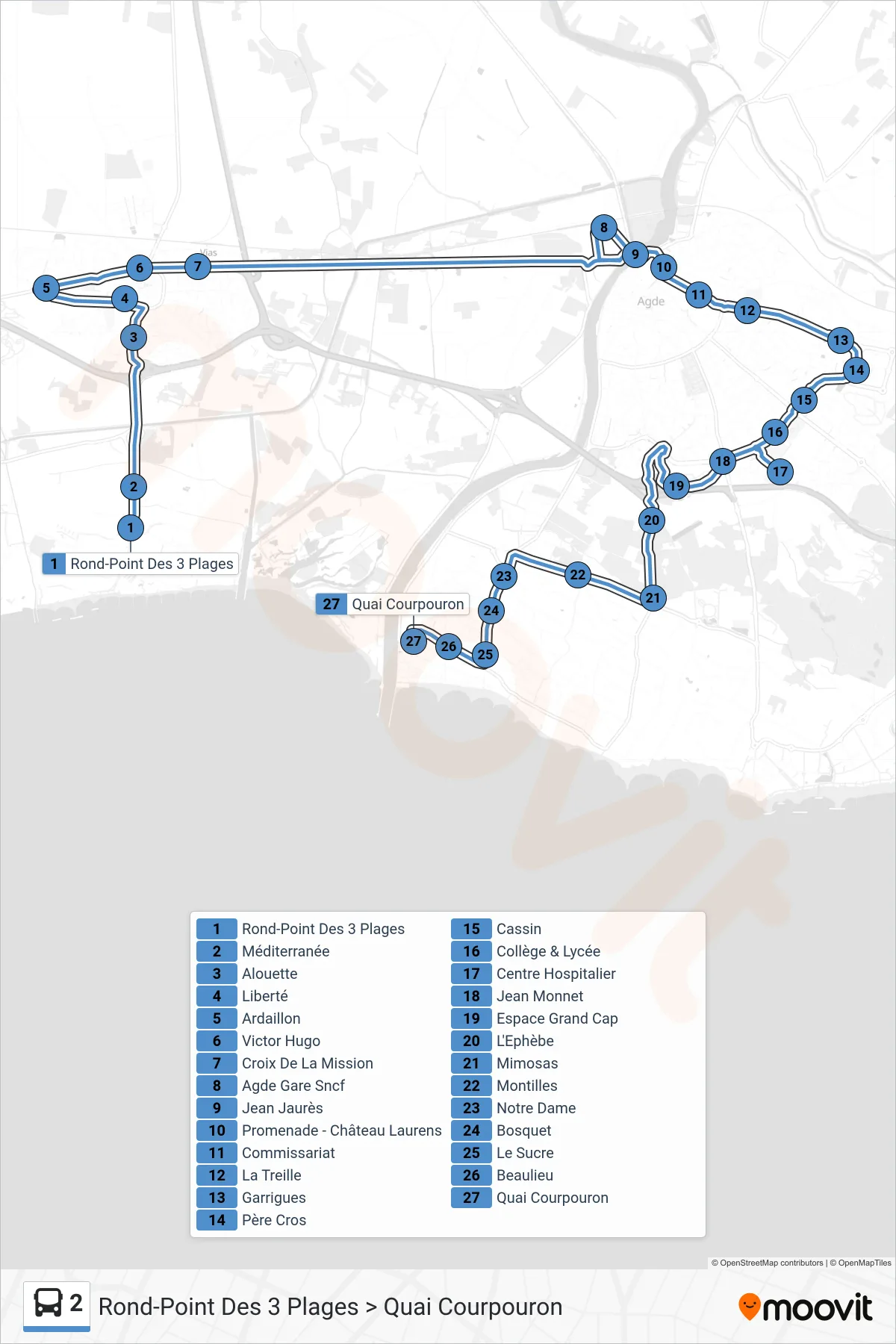 Tracé et arrêts de la ligne 2 de bus (Rond-Point Des 3 Plages > Quai Courpouron) sur une carte