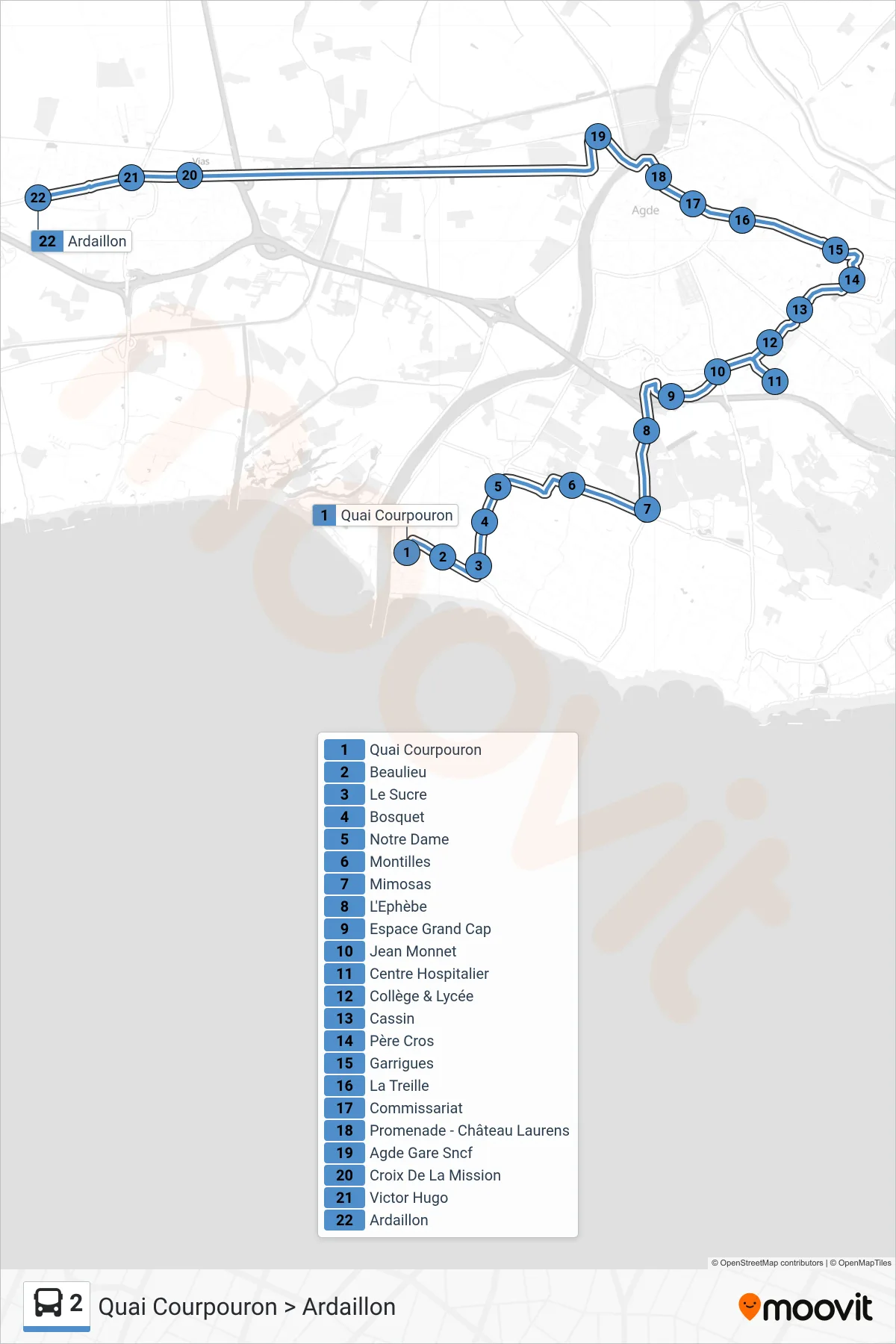 2 bus Line (Quai Courpouron > Ardaillon) route and stops on a map