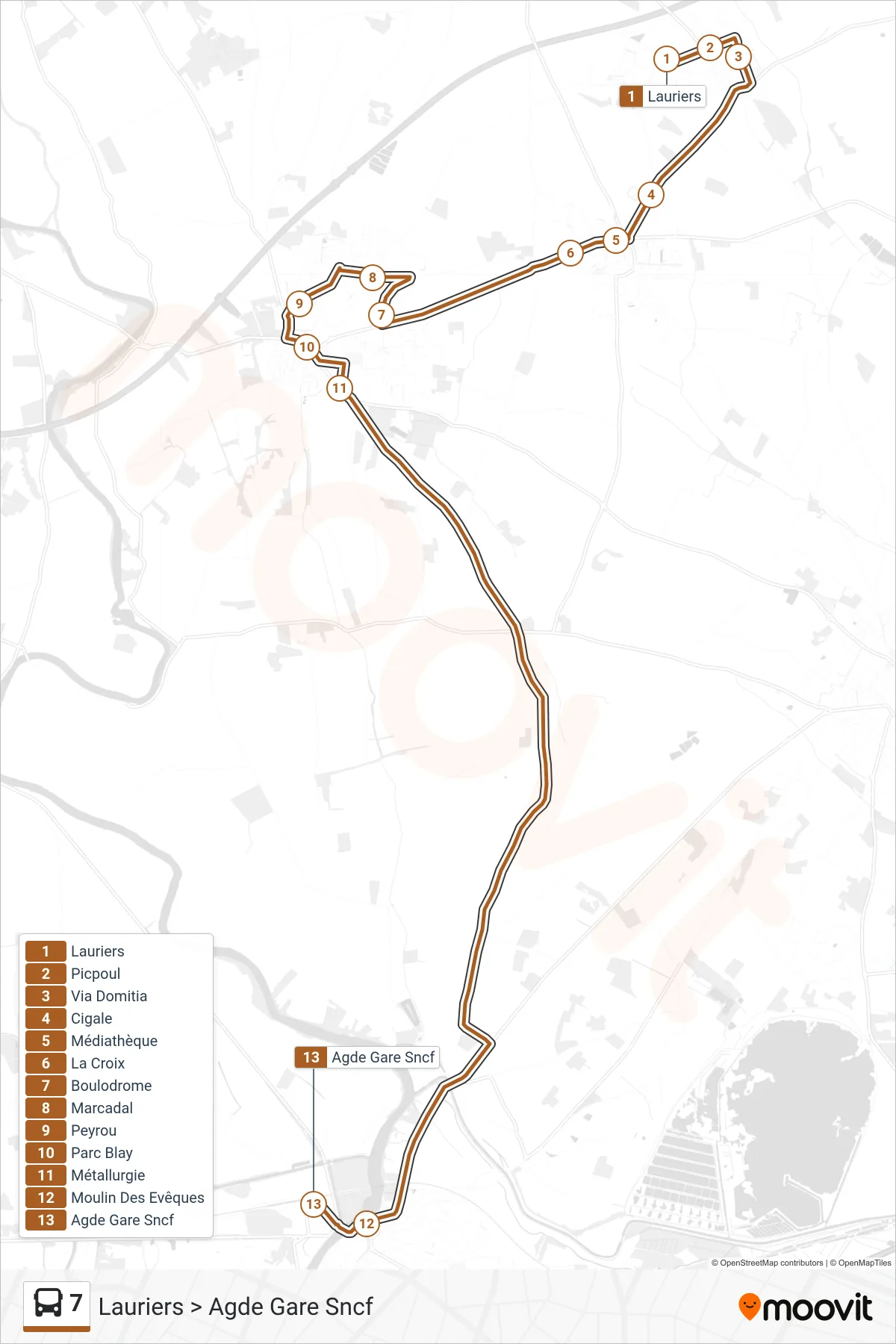 7 bus Line (Lauriers > Agde Gare Sncf) route and stops on a map