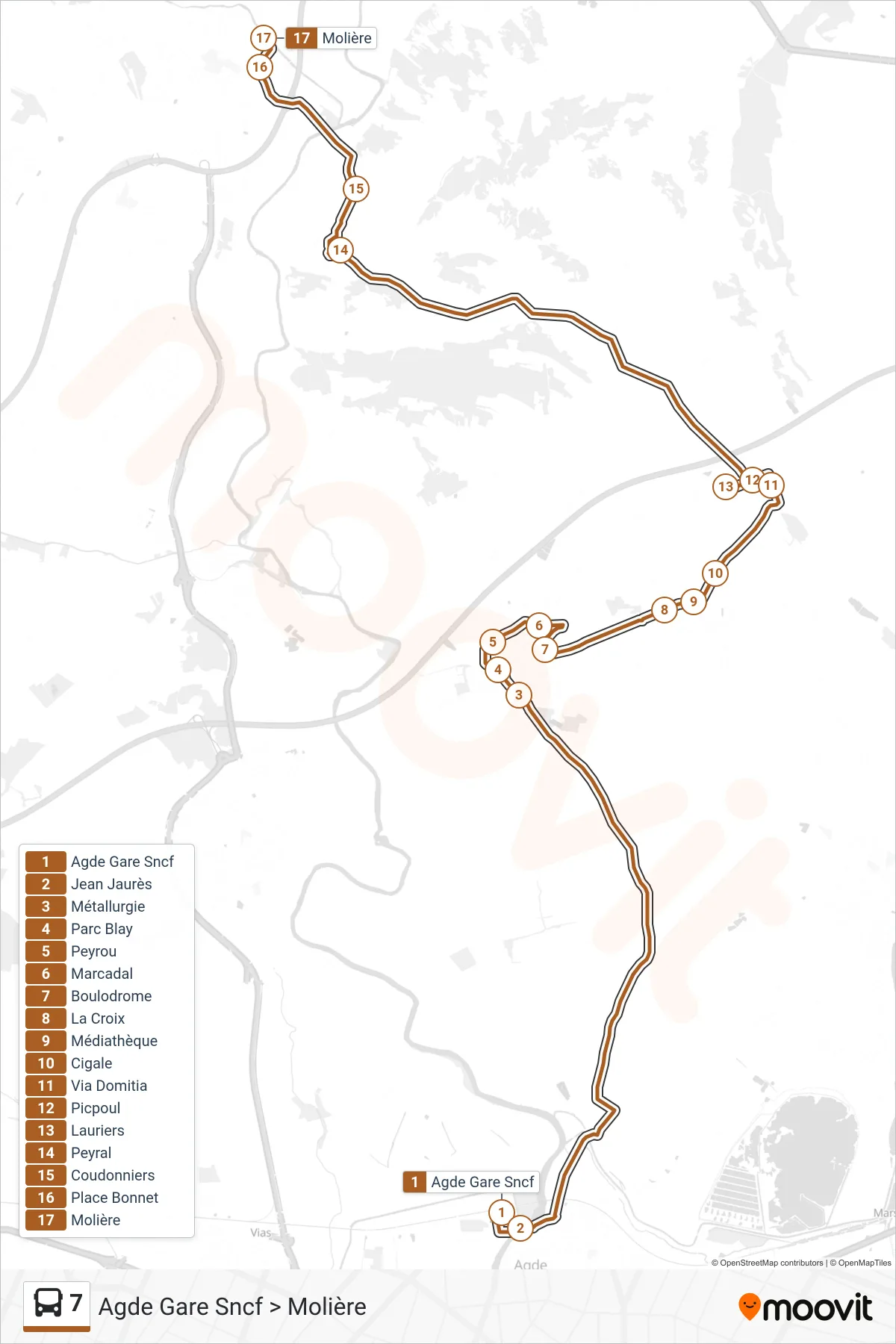 7 bus Line (Agde Gare Sncf > Molière) route and stops on a map