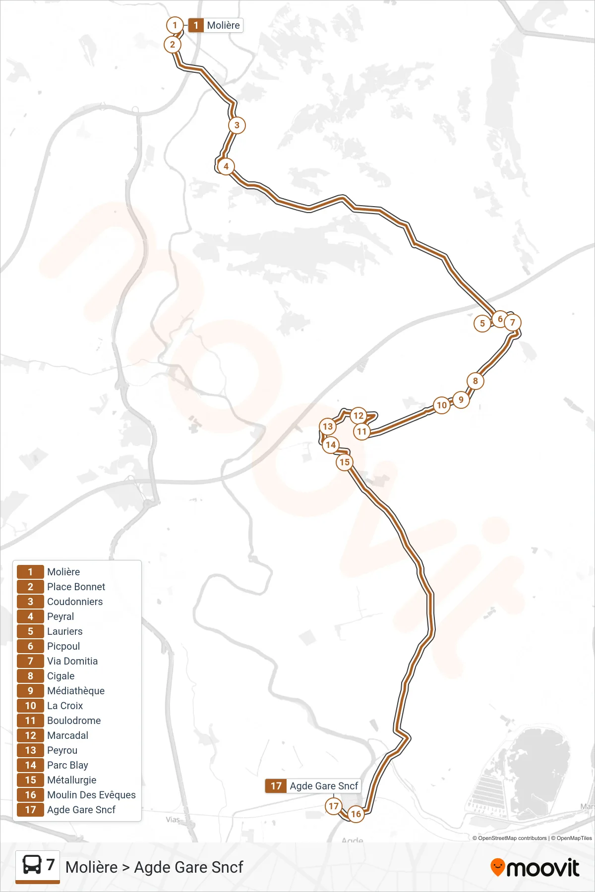 Tracé et arrêts de la ligne 7 de bus (Molière > Agde Gare Sncf) sur une carte