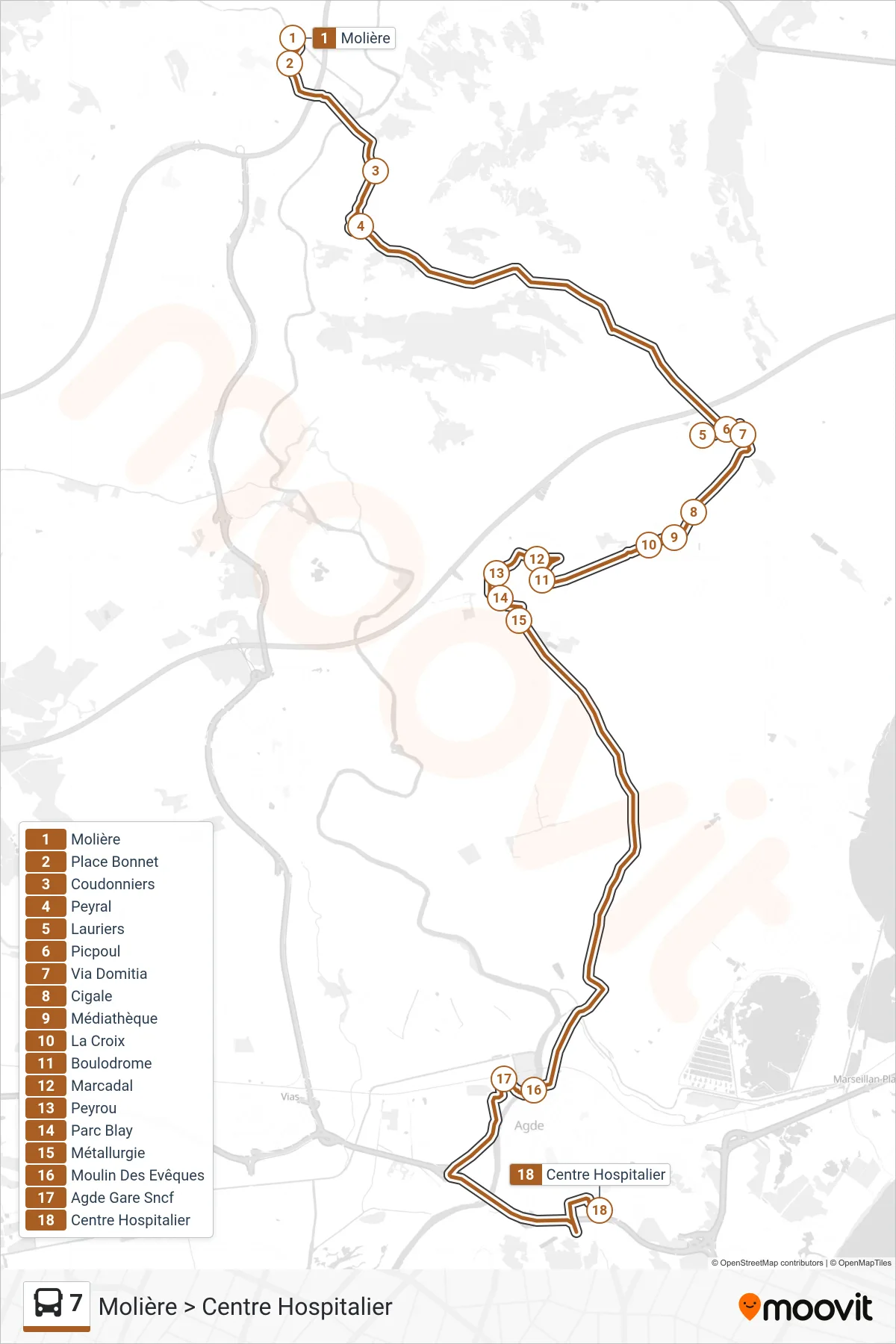 Tracé et arrêts de la ligne 7 de bus (Molière > Centre Hospitalier) sur une carte
