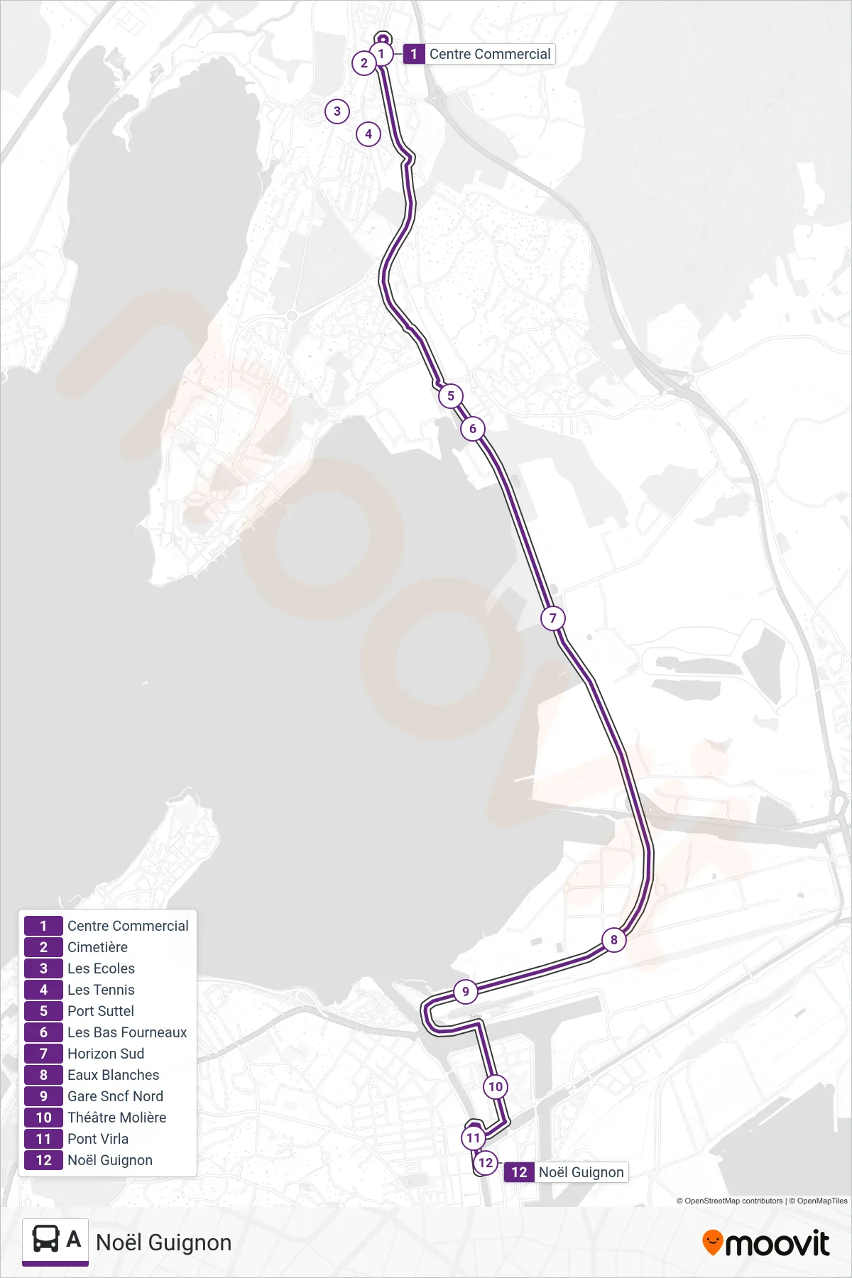 Tracé et arrêts de la ligne A de bus (Noël Guignon) sur une carte