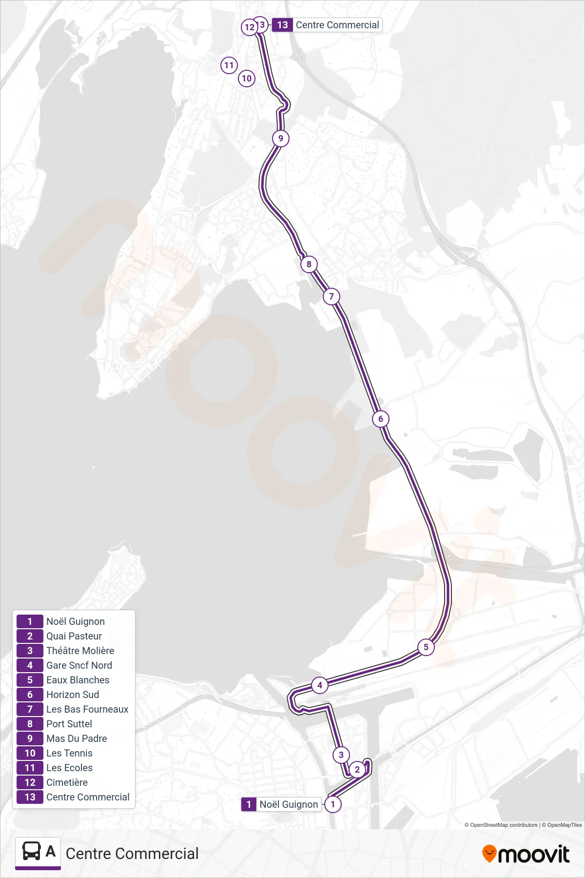 Recorrido y paradas de la línea A de autobús (Centre Commercial) en el mapa