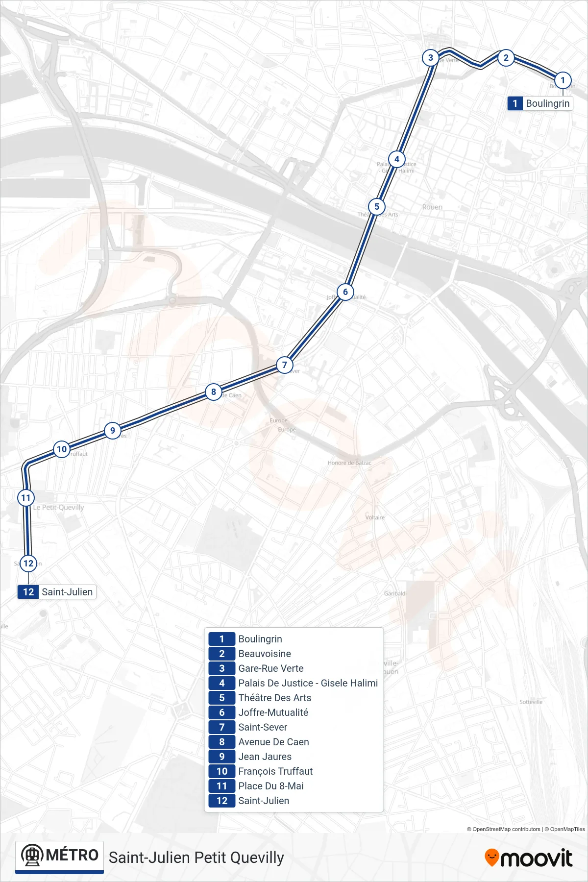 Tracé et arrêts de la ligne MÉTRO de métro (Saint-Julien Petit Quevilly) sur une carte