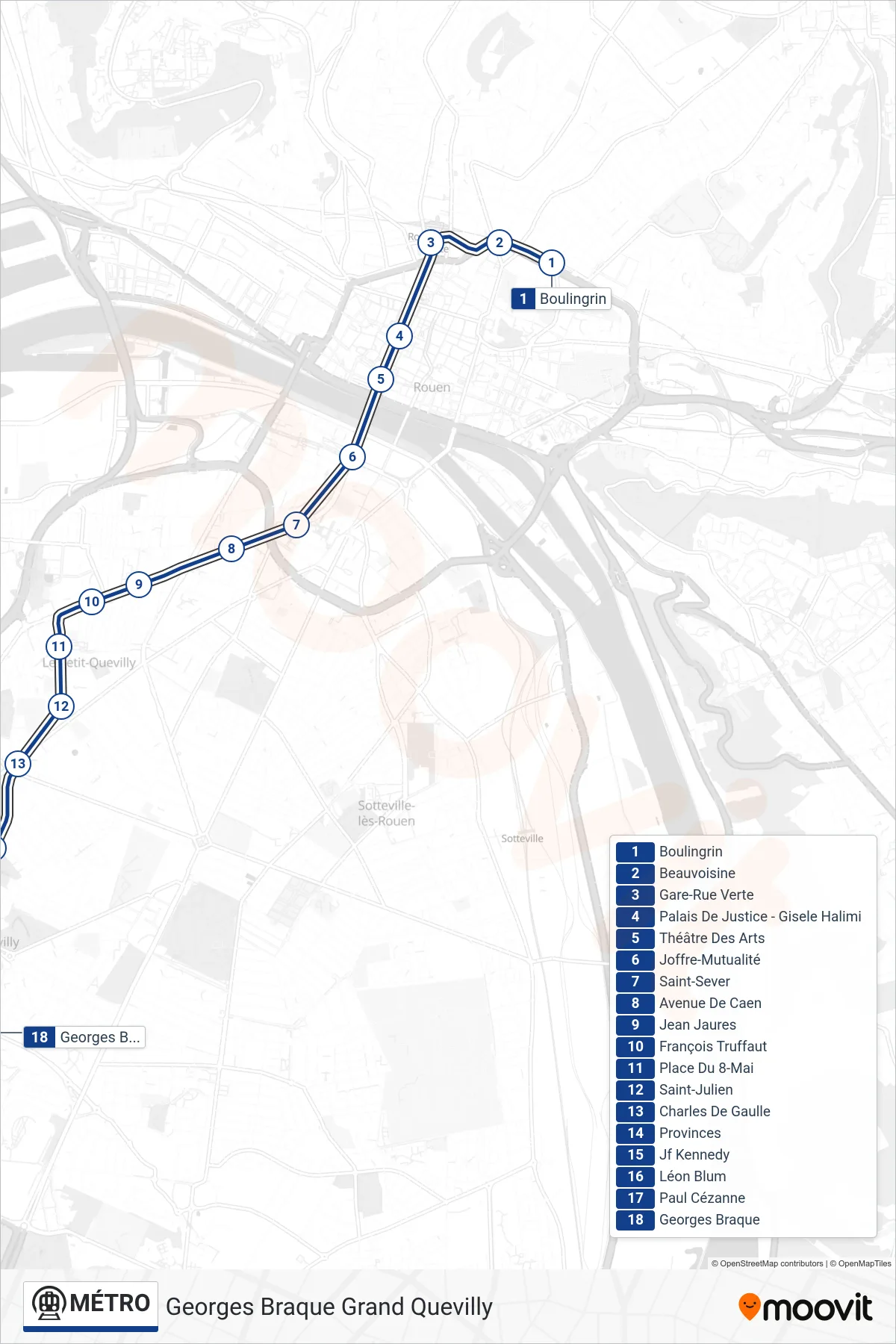 MÉTRO metro Line (Georges Braque Grand Quevilly) route and stops on a map