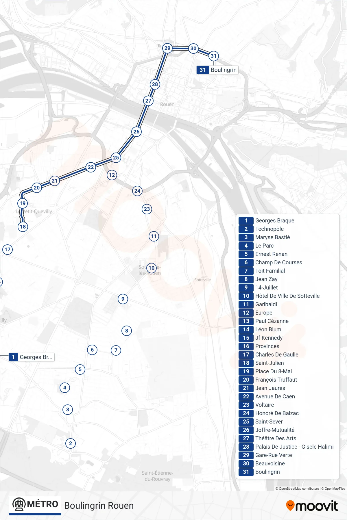 MÉTRO subway Line (Boulingrin Rouen) route and stops on a map
