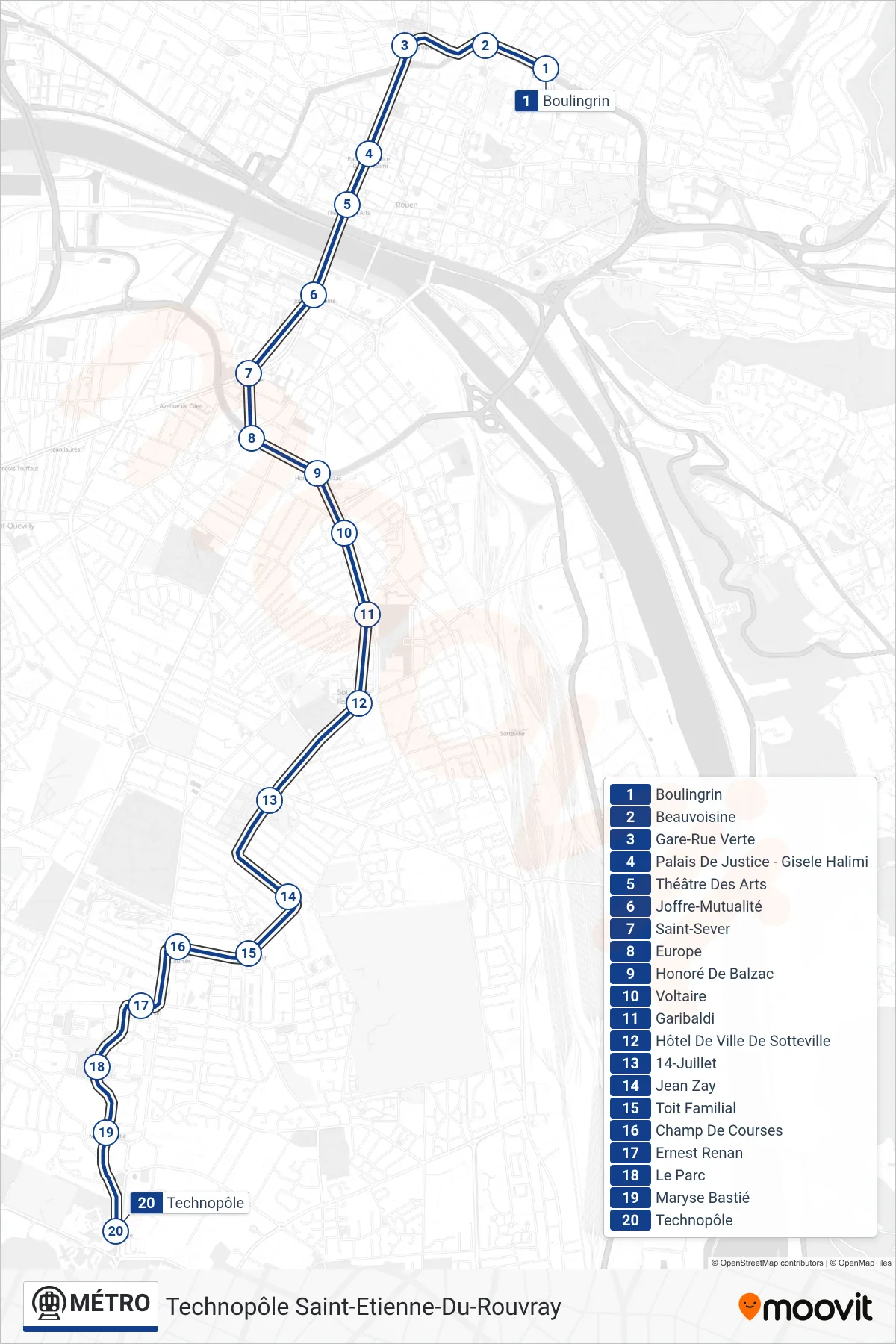 MÉTRO subway Line (Technopôle Saint-Etienne-Du-Rouvray) route and stops on a map