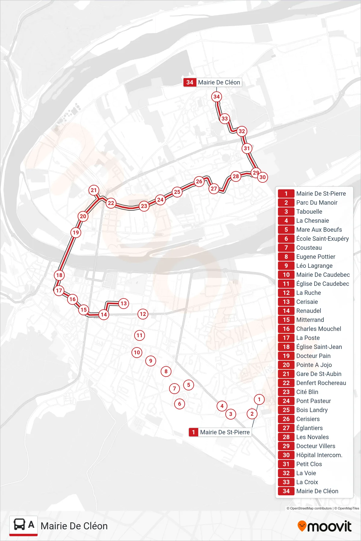 Tracé et arrêts de la ligne A de bus (Mairie De Cléon) sur une carte