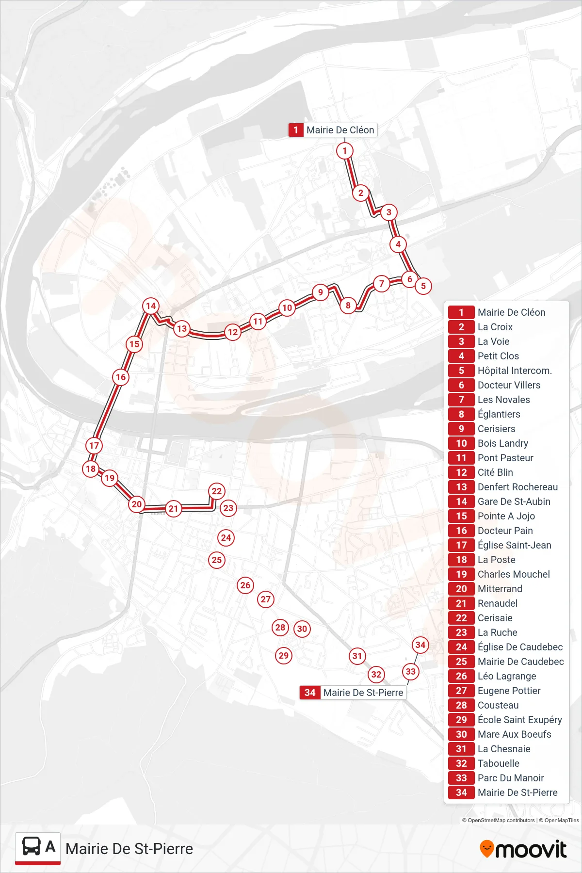 Tracé et arrêts de la ligne A de bus (Mairie De St-Pierre) sur une carte