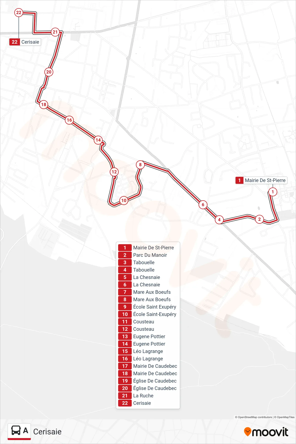 Tracé et arrêts de la ligne A de bus (Cerisaie) sur une carte
