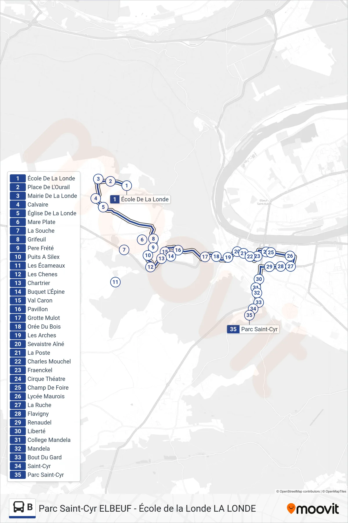 Tracé et arrêts de la ligne B de bus (Parc Saint-Cyr) sur une carte