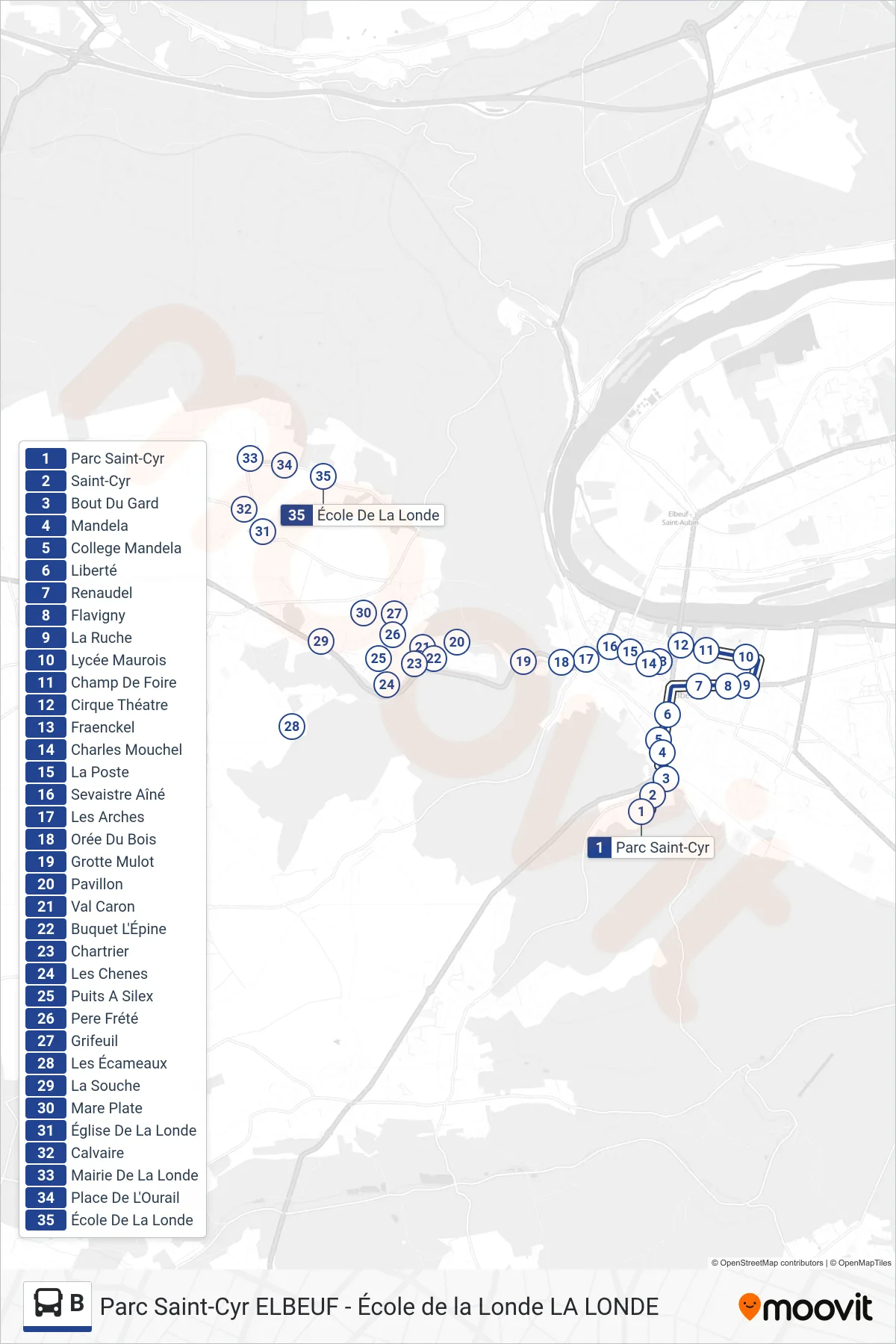 Tracé et arrêts de la ligne B de bus (École De La Londe) sur une carte