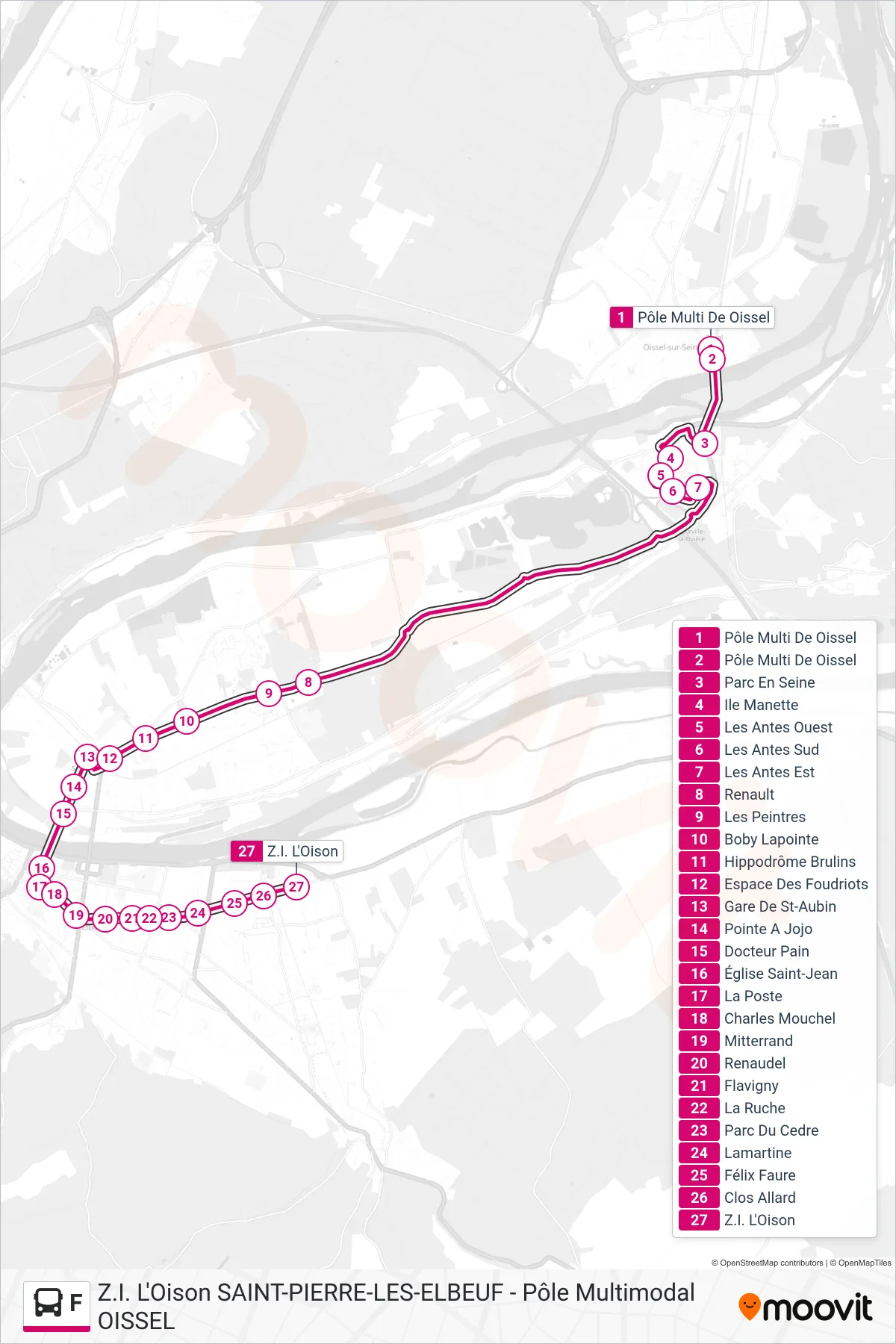 Tracé et arrêts de la ligne F de bus (Z.I.L'Oison) sur une carte