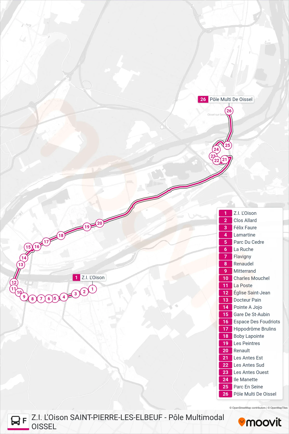 Tracé et arrêts de la ligne F de bus (Pôle Multimodal De Oissel) sur une carte