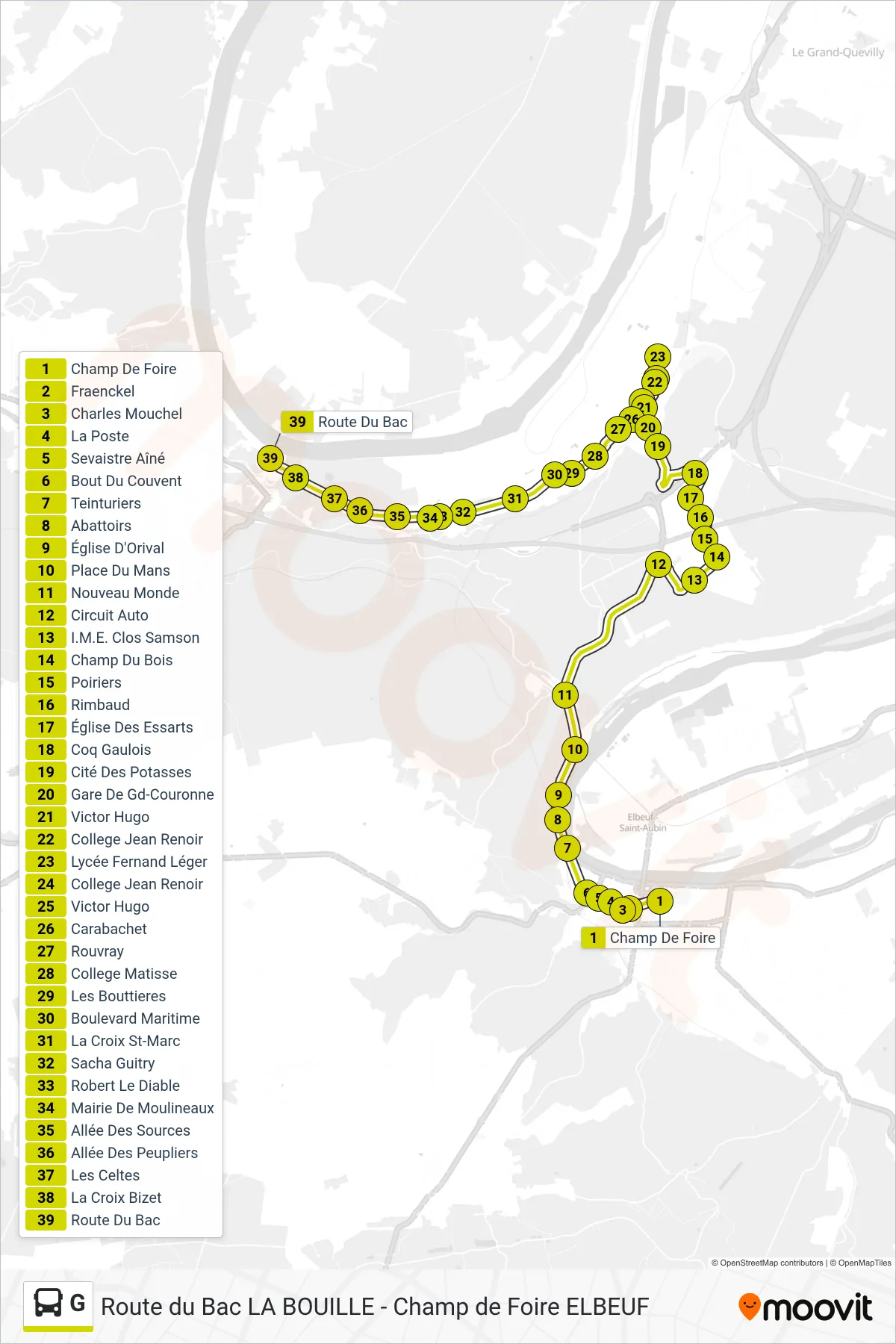 Tracé et arrêts de la ligne G de bus (Route Du Bac) sur une carte