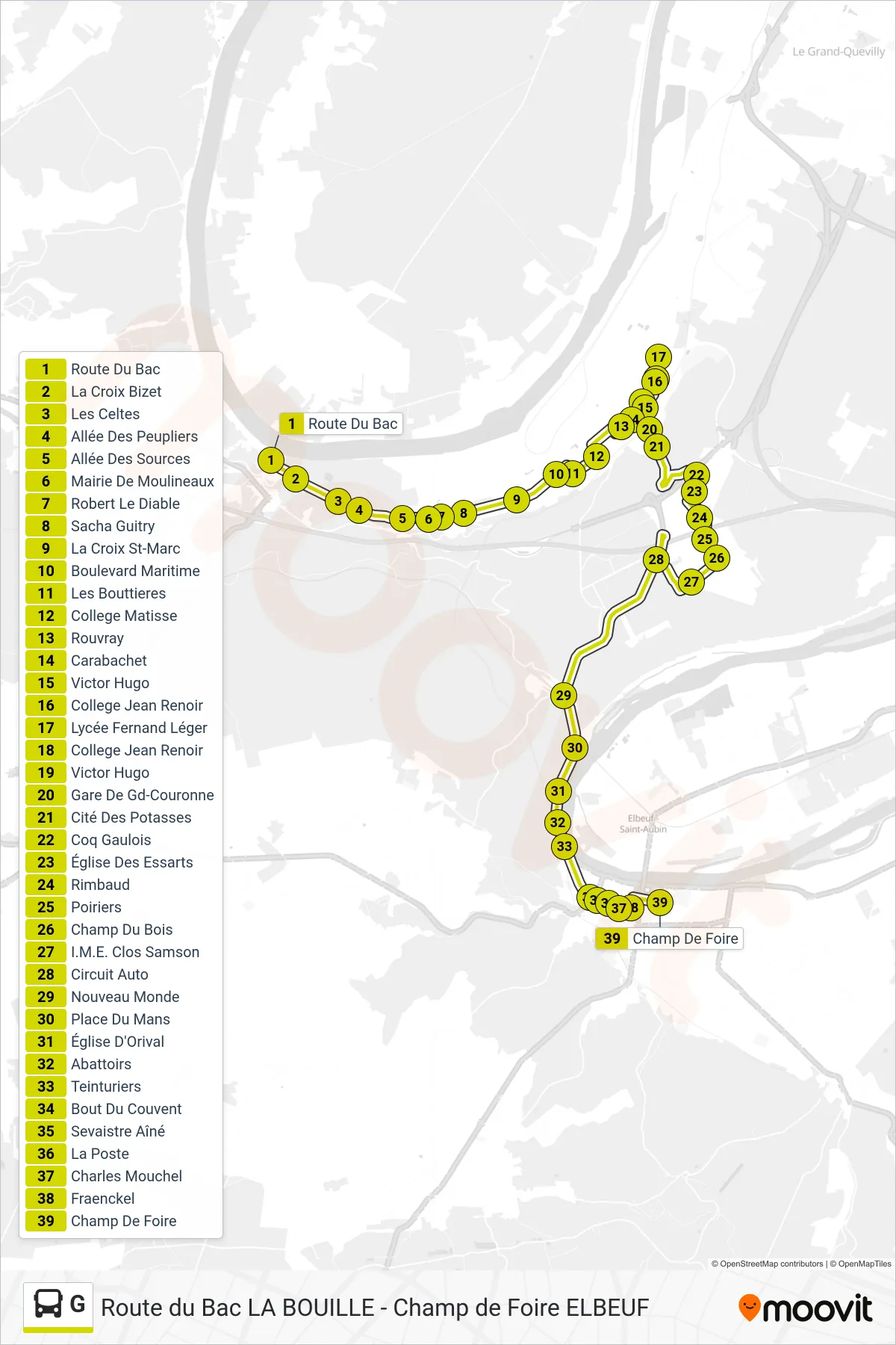 Tracé et arrêts de la ligne G de bus (Champ De Foire) sur une carte