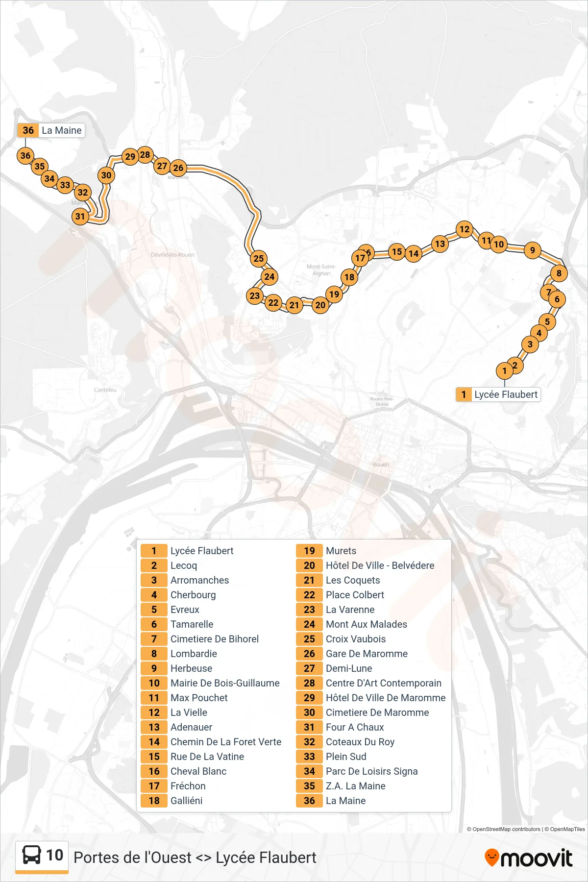 Tracé et arrêts de la ligne 10 de bus (Portes De L'Ouest Saint-Jean-Du-Cardonnay) sur une carte