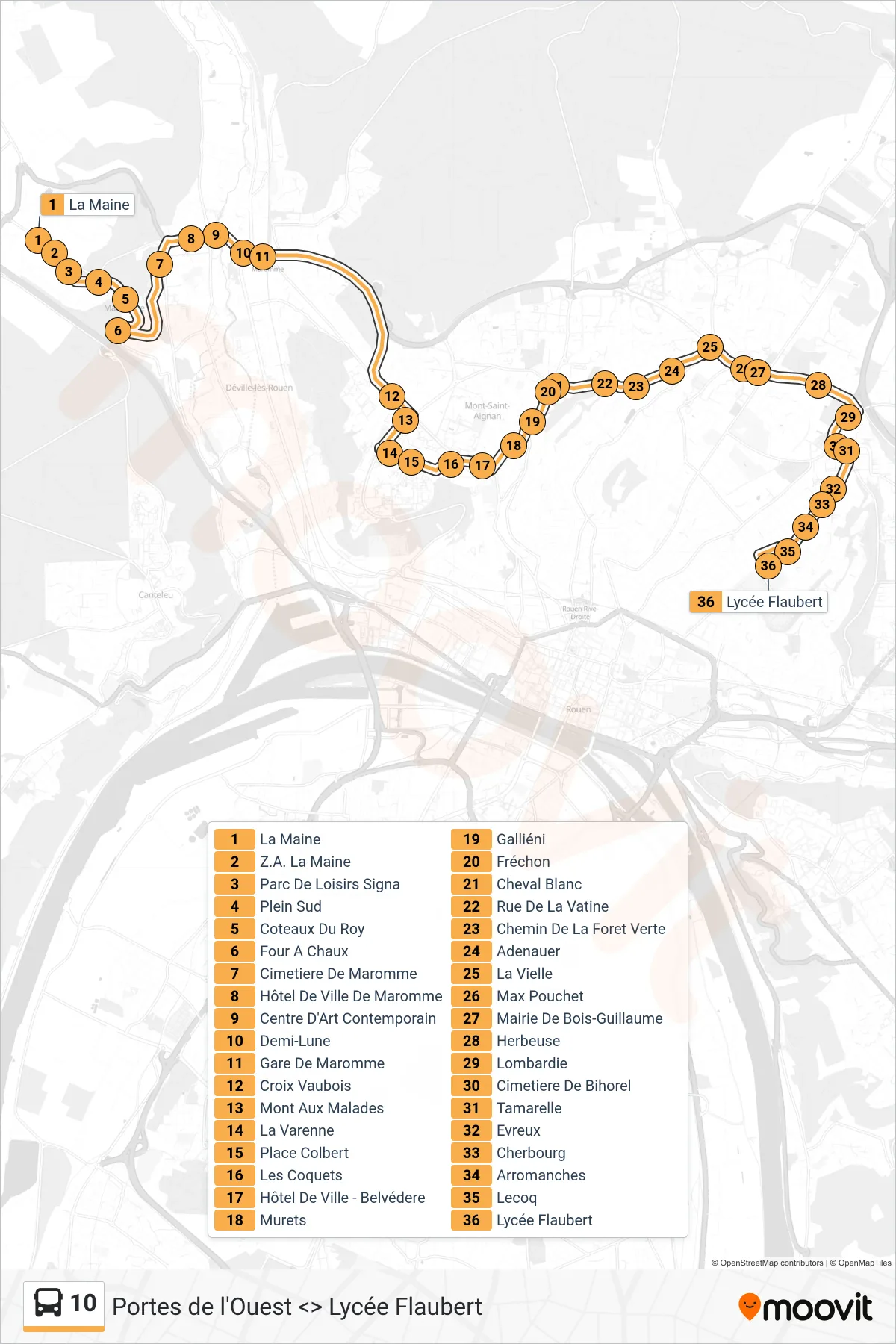 Tracé et arrêts de la ligne 10 de bus (Lycée Flaubert Rouen) sur une carte