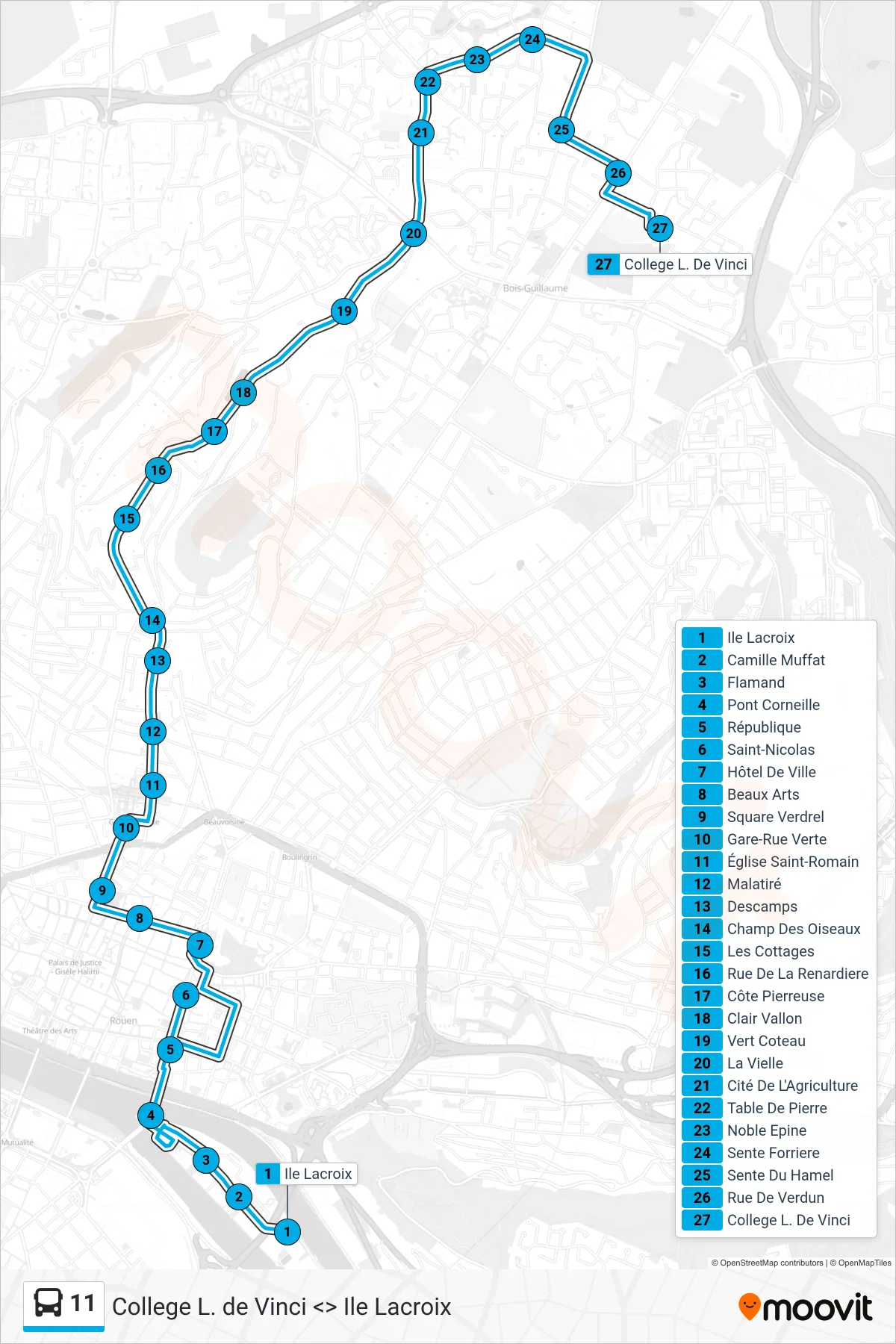 Tracé et arrêts de la ligne 11 de bus (College L. De Vinci Bois-Guillaume) sur une carte