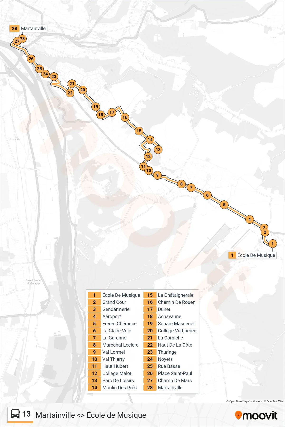 Tracé et arrêts de la ligne 13 de bus (Martainville Rouen) sur une carte