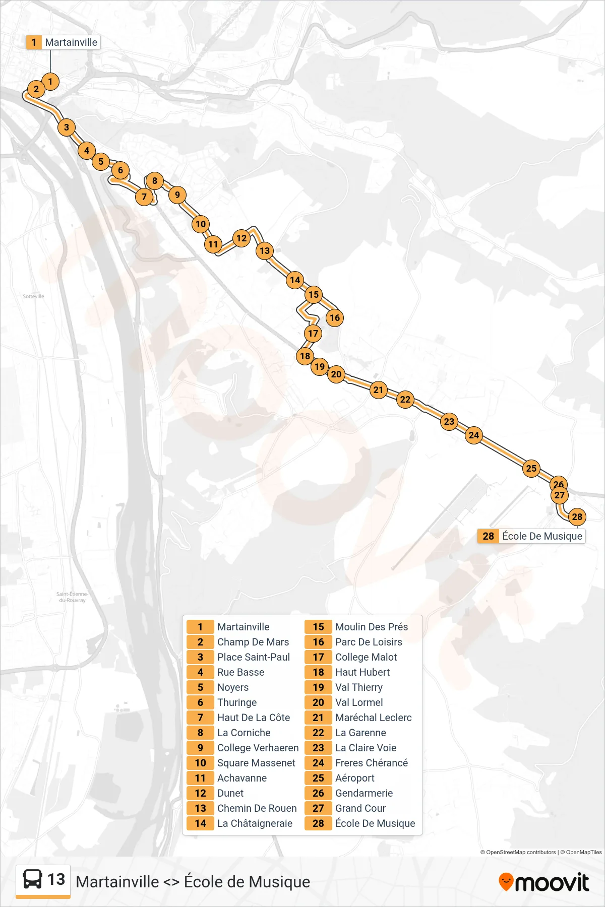 Tracé et arrêts de la ligne 13 de bus (École De Musique BOOS) sur une carte