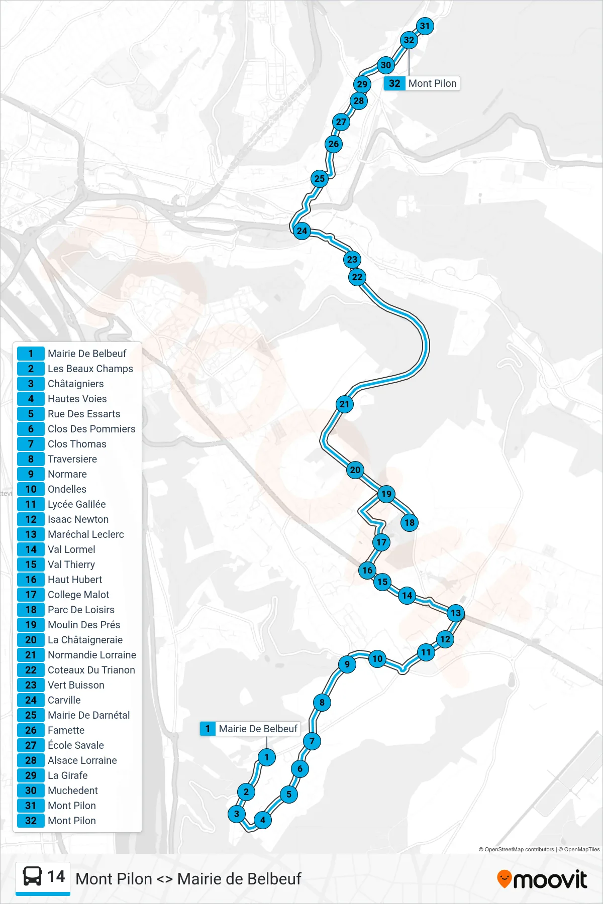 Tracé et arrêts de la ligne 14 de bus (Mont Pilon Darnétal) sur une carte