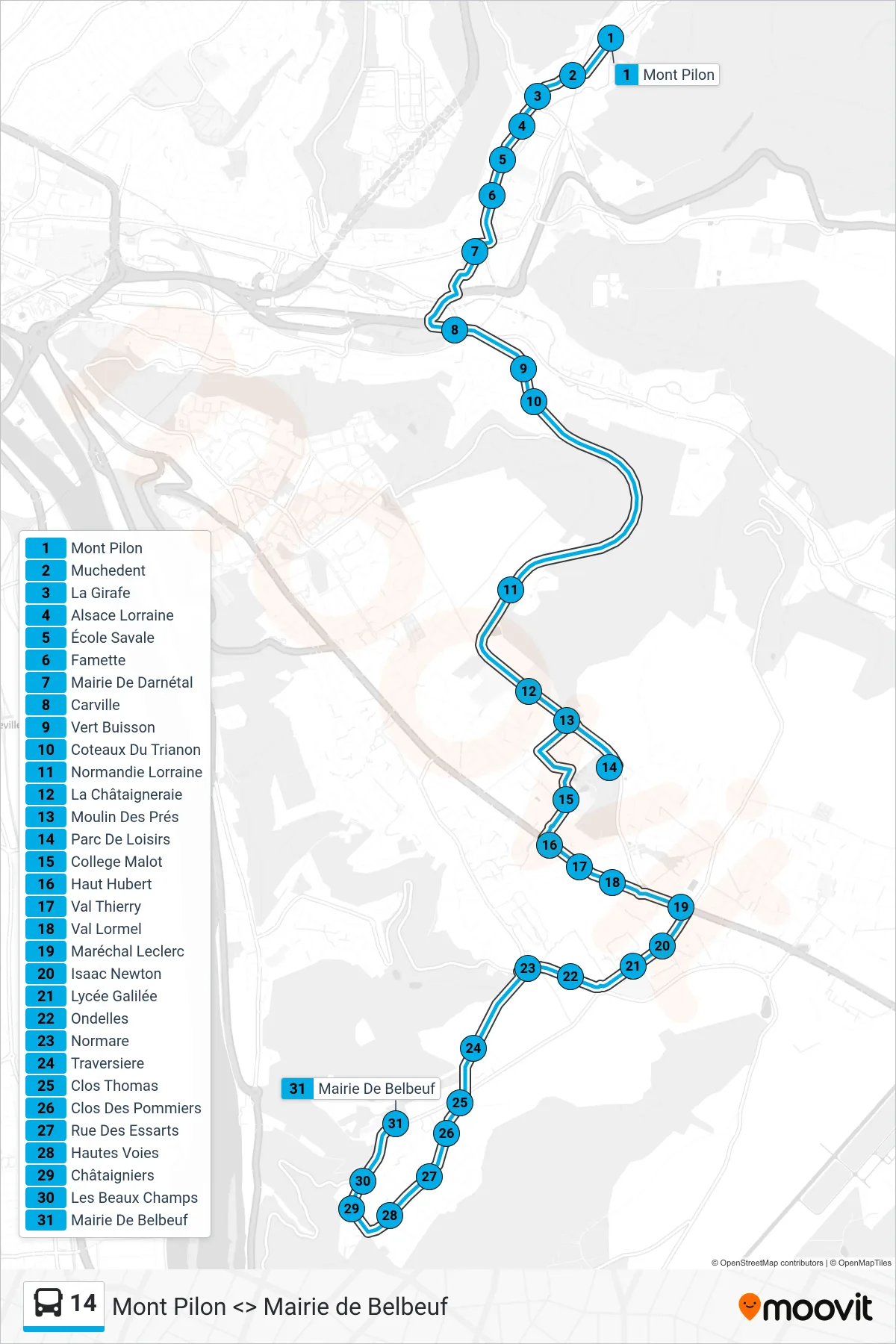 Tracé et arrêts de la ligne 14 de bus (Mairie Belbeuf) sur une carte
