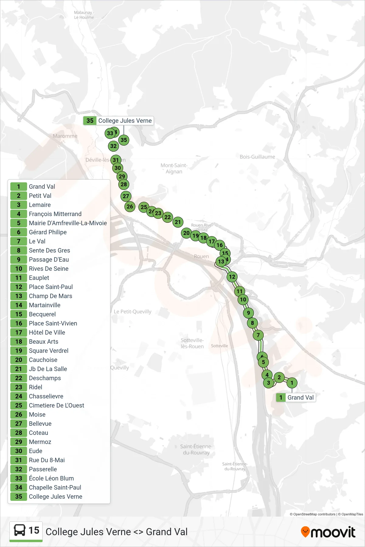 Tracé et arrêts de la ligne 15 de bus (College Jules Verne Déville-Les-Rouen) sur une carte