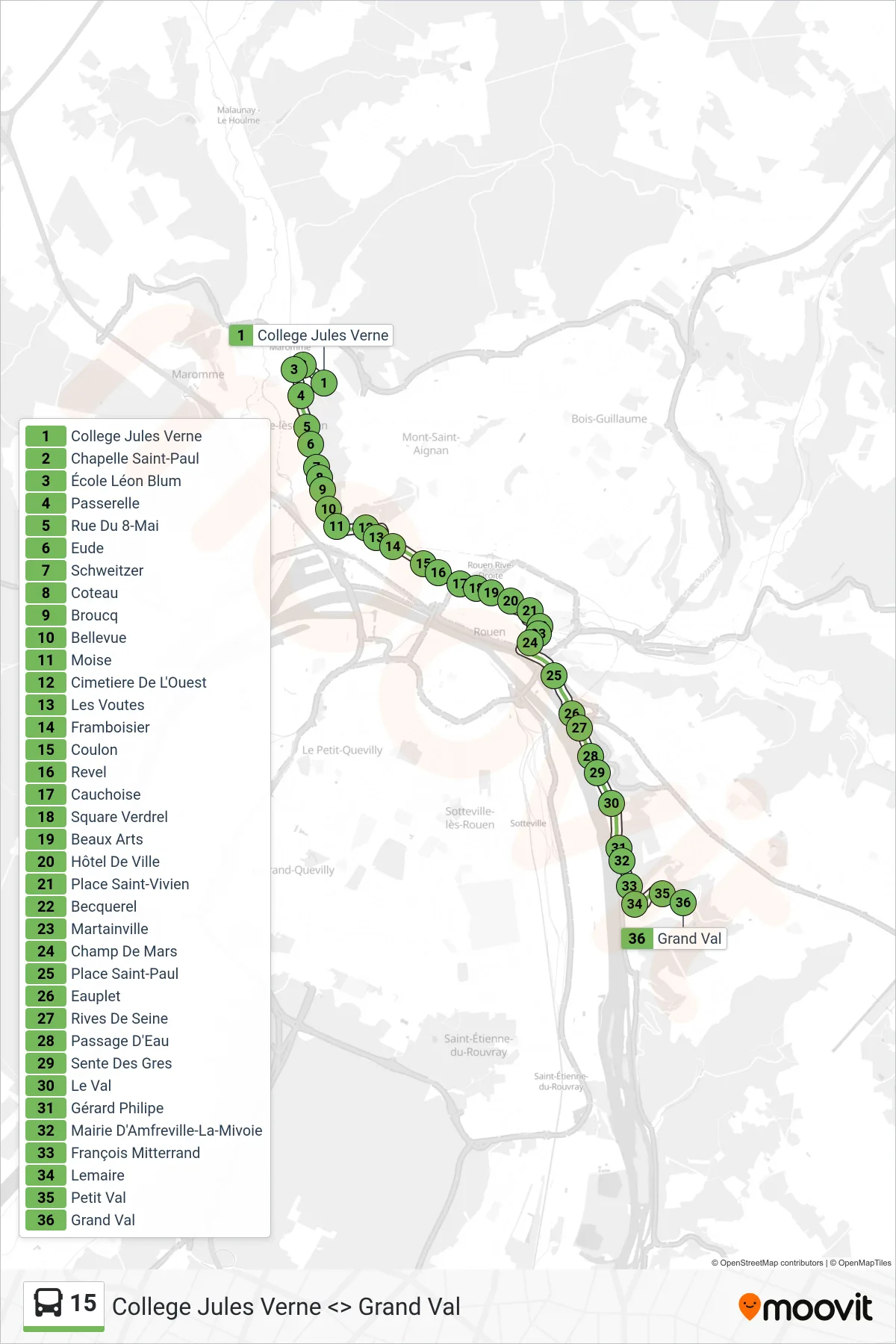 Tracé et arrêts de la ligne 15 de bus (Grand Val Amfreville-La-Mivoie) sur une carte