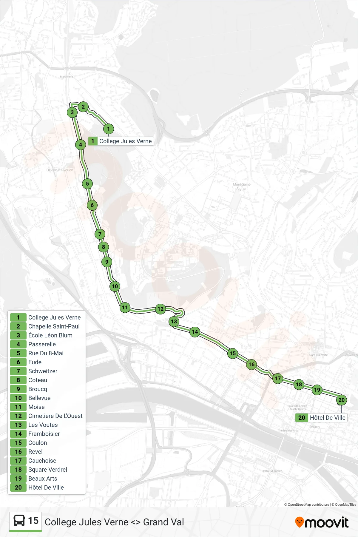 Tracé et arrêts de la ligne 15 de bus (Hôtel De Ville Rouen) sur une carte