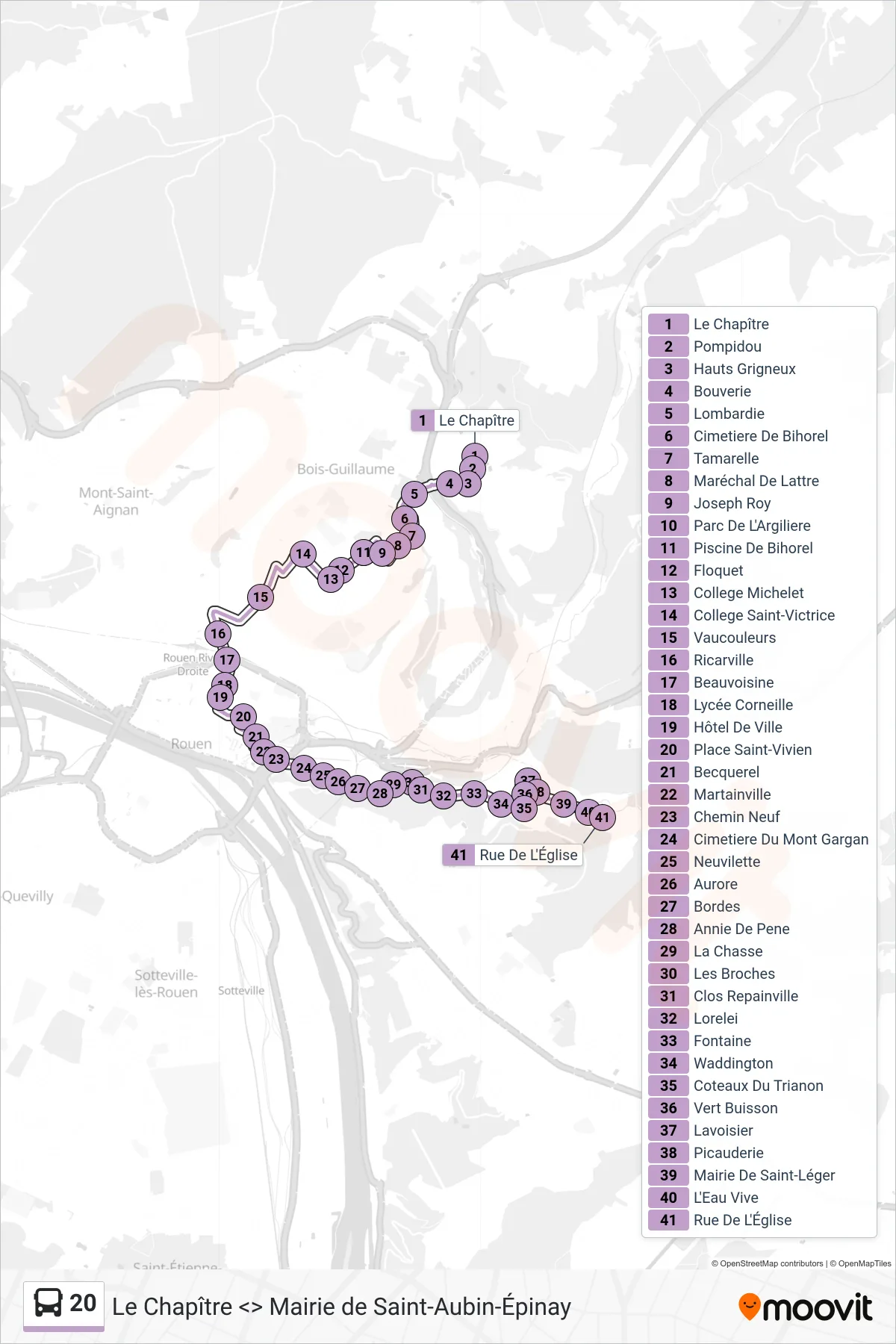 Recorrido y paradas de la línea 20 de autobús (Rue De L'Église Saint-Léger-Du-Bourg-Denis) en el mapa