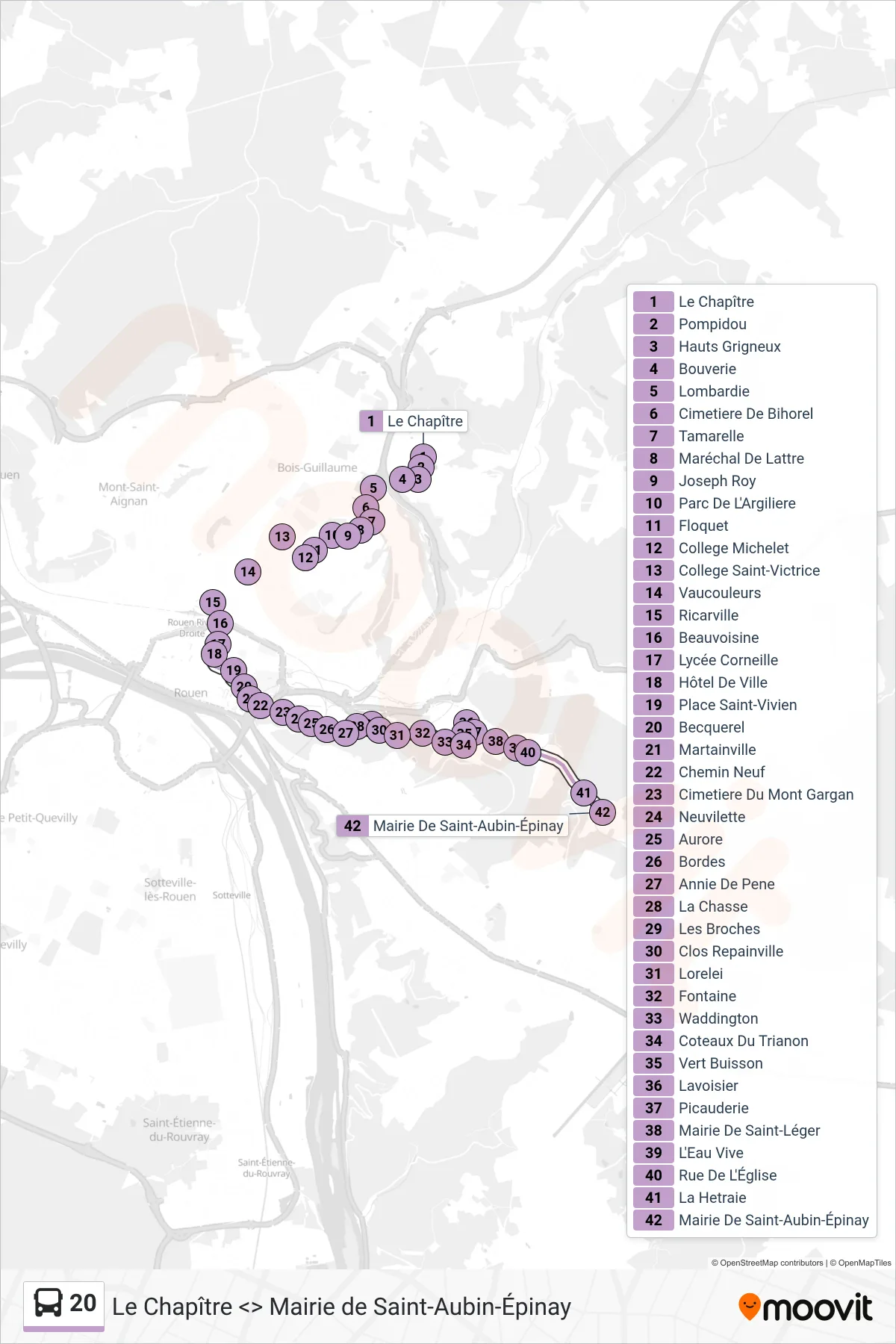 Recorrido y paradas de la línea 20 de autobús (Mairie Saint-Aubin-Épinay) en el mapa