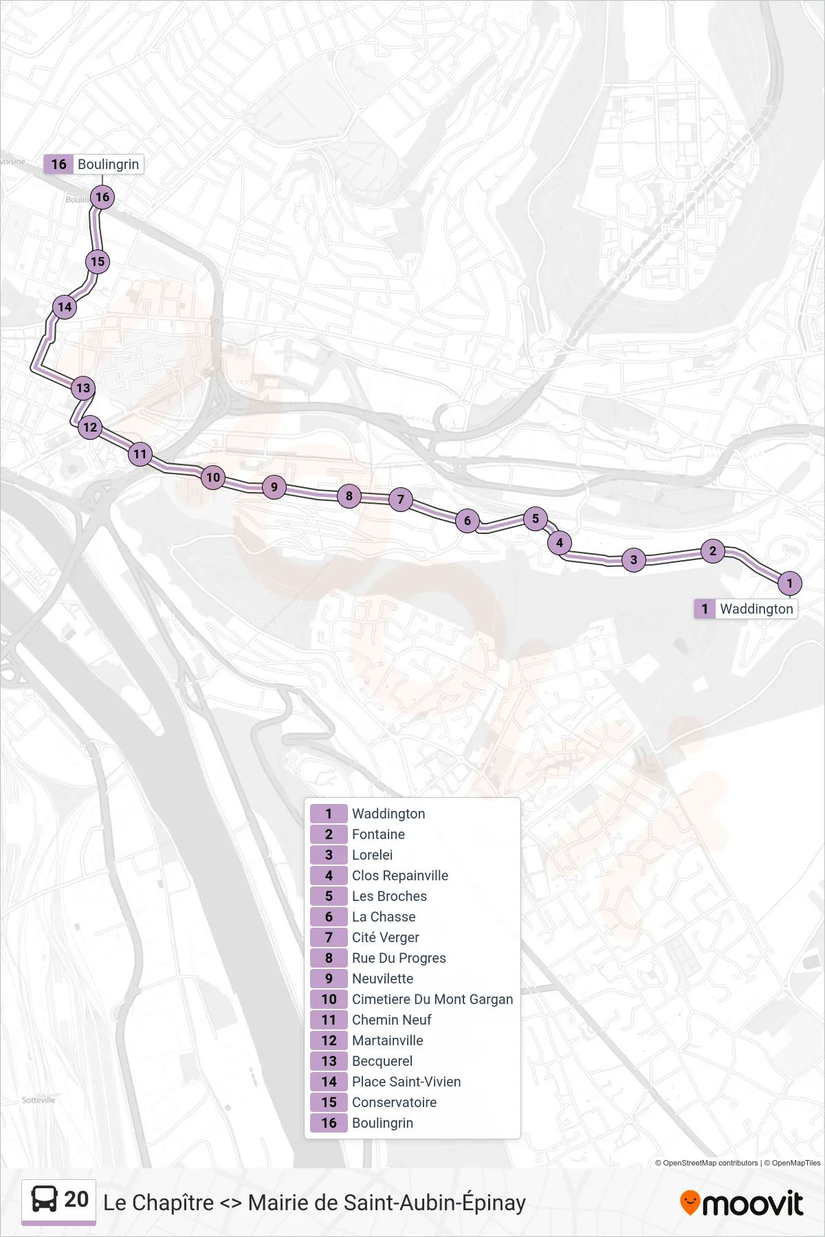 Recorrido y paradas de la línea 20 de autobús (Boulingrin Rouen) en el mapa