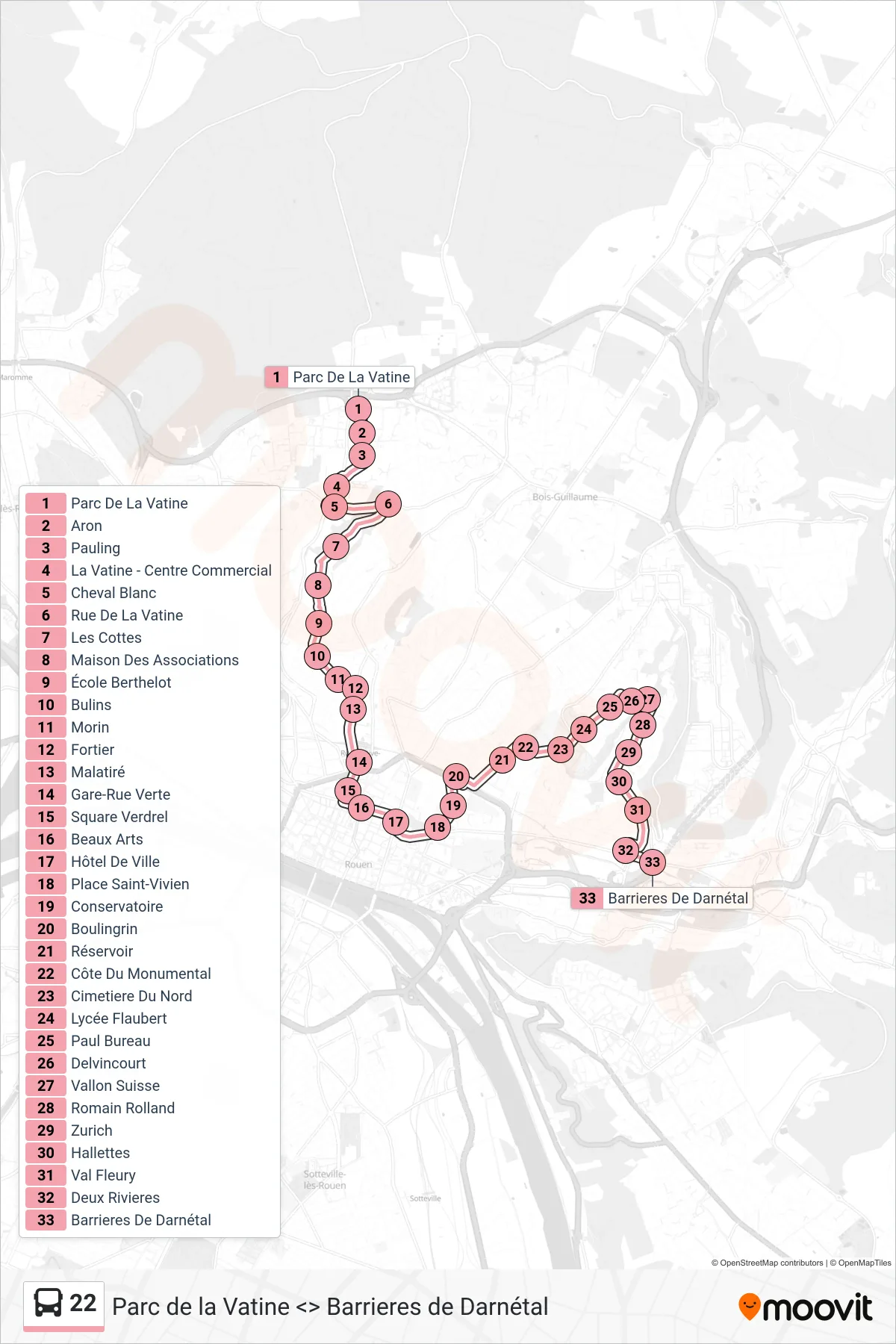 Tracé et arrêts de la ligne 22 de bus (Barrieres De Darnétal Rouen) sur une carte