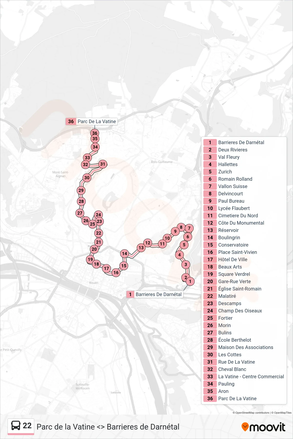 Tracé et arrêts de la ligne 22 de bus (Parc De La Vatine Mont-Saint-Aignan) sur une carte