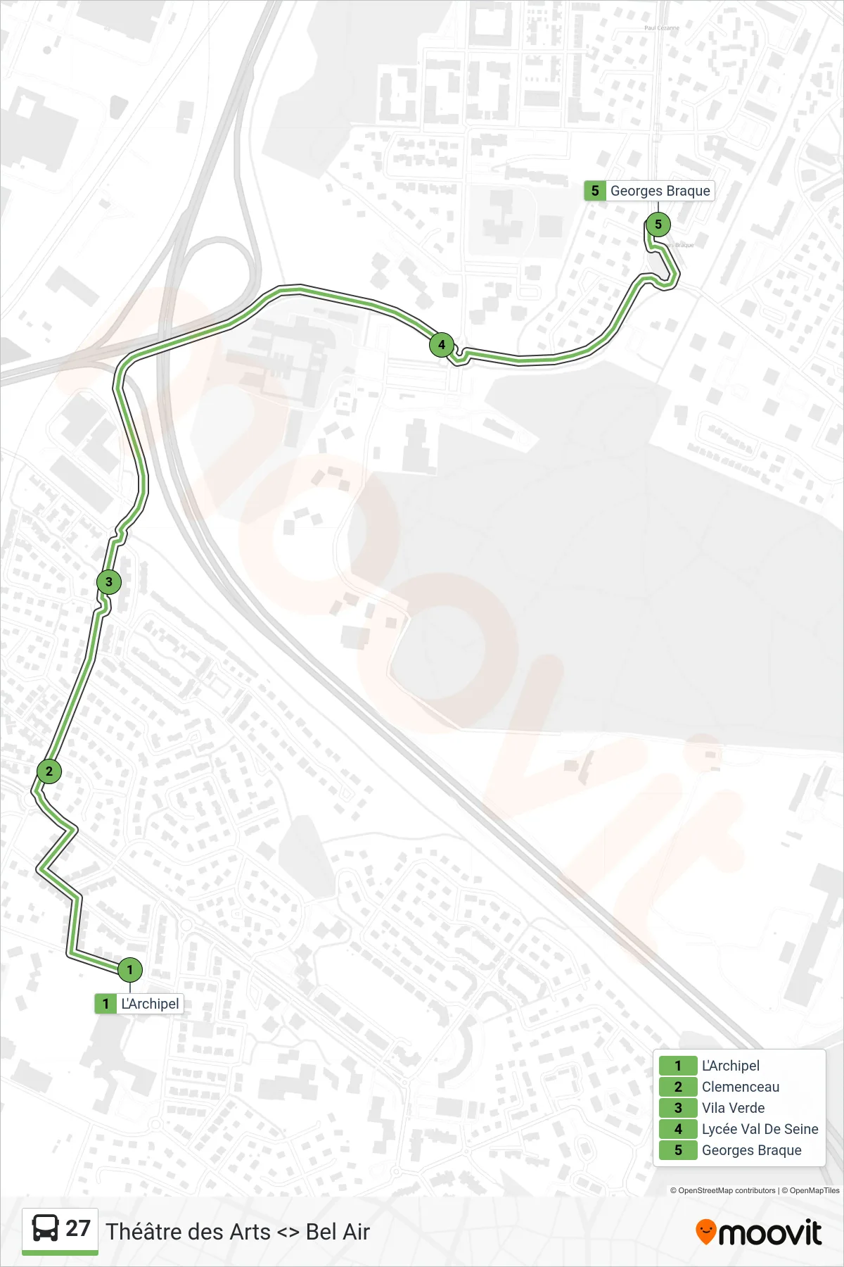 Tracé et arrêts de la ligne 27 de bus (Georges Braque Grand Quevilly) sur une carte