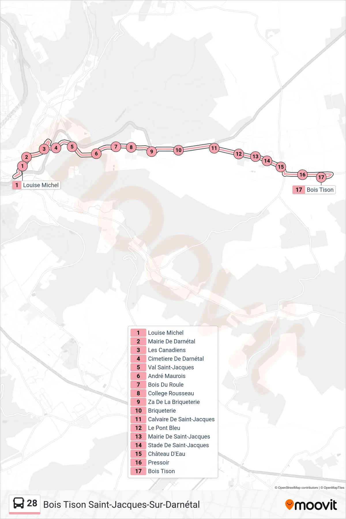 Tracé et arrêts de la ligne 28 de bus (Bois Tison Saint-Jacques-Sur-Darnétal) sur une carte